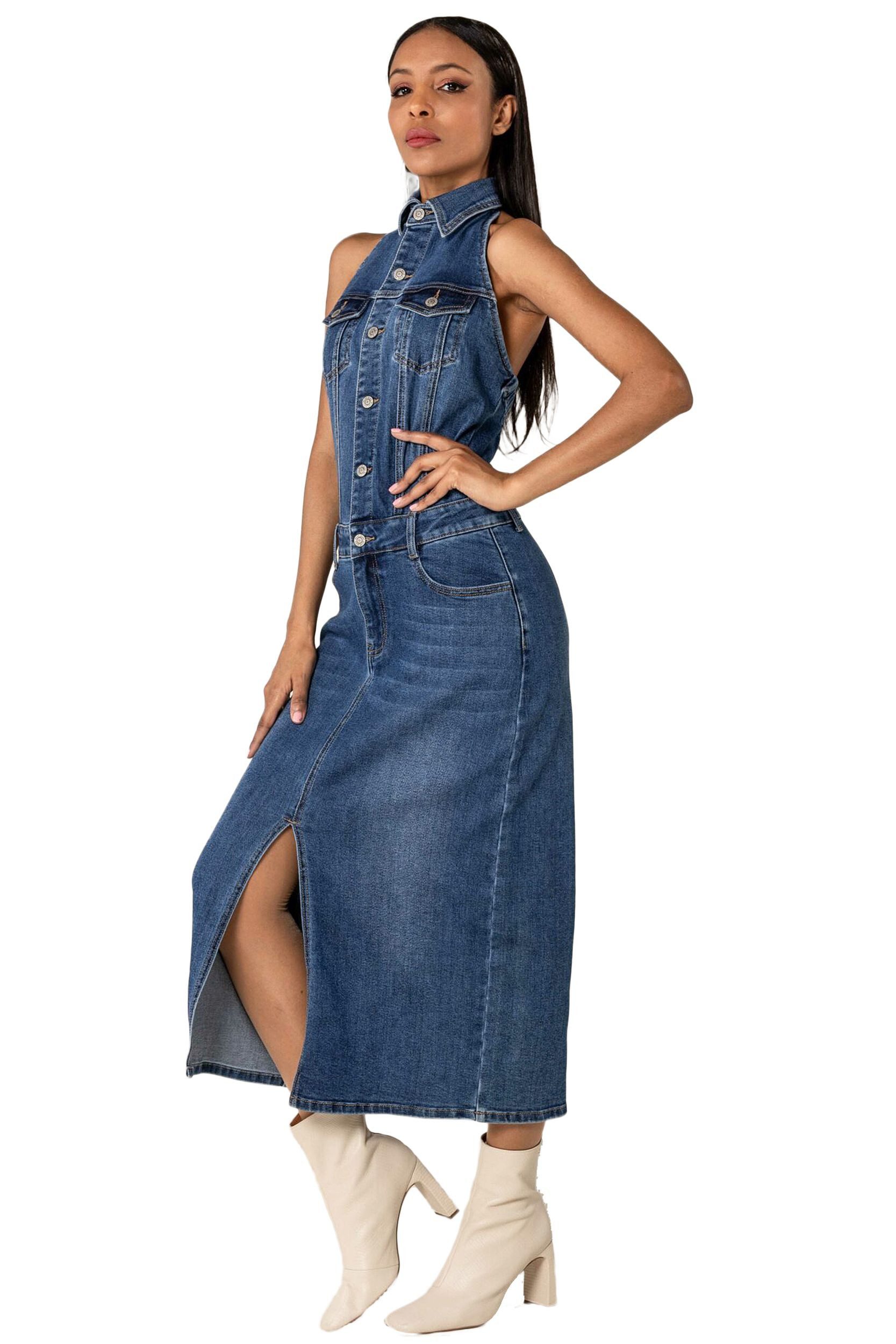 Nina Carter Shirtkleid Eleganter Neckholder Jeans Midi Denim Dress (lang) Denim Neckholder