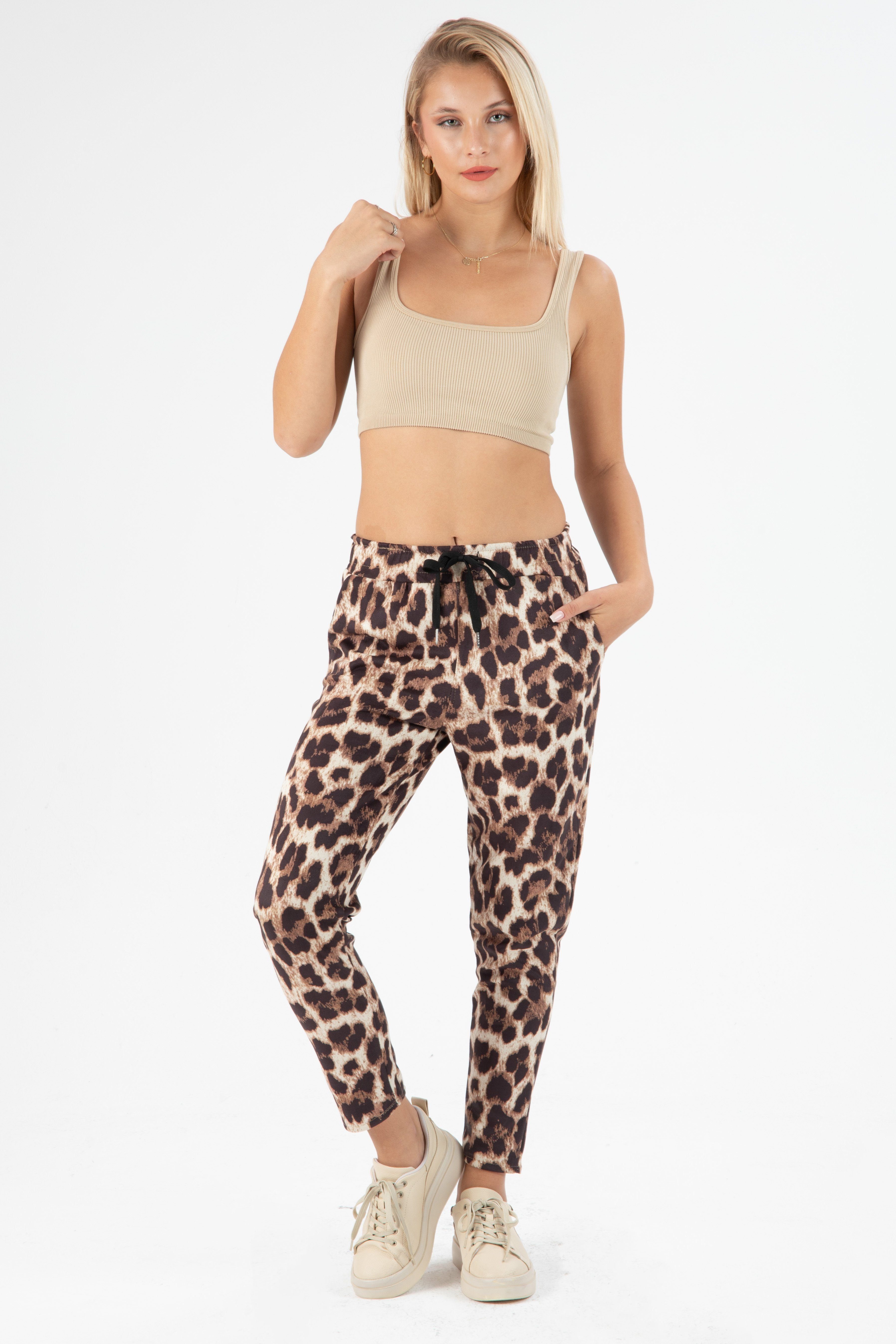 Kendindza Collection Jogger Pants Damen Leo Print Hose elegant Leopardenmuster Stoffhose Stretch