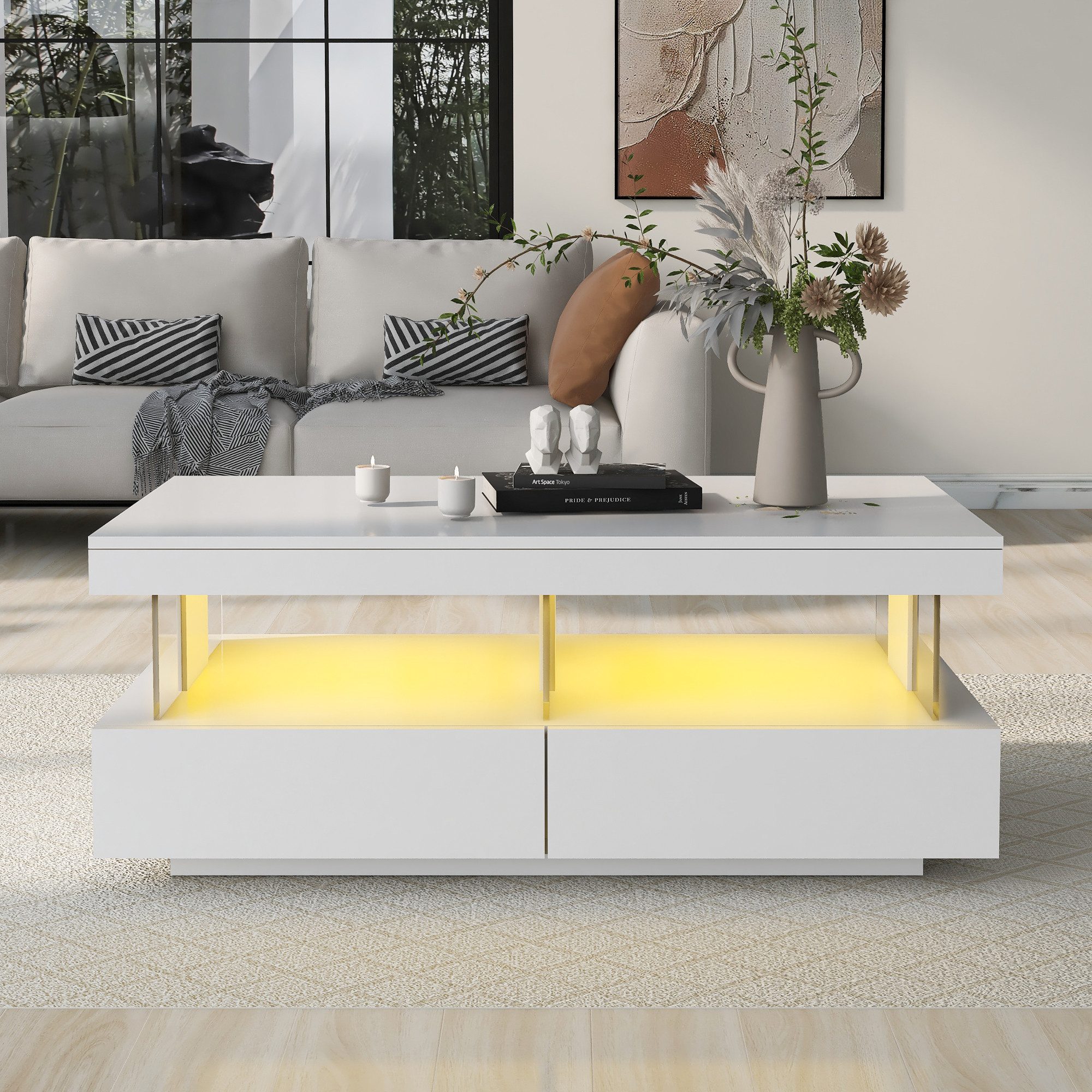 Merax Couchtisch mit LED-Beleuchtung und USB, Couchtisch mit 2 Schubladen,h günstig online kaufen