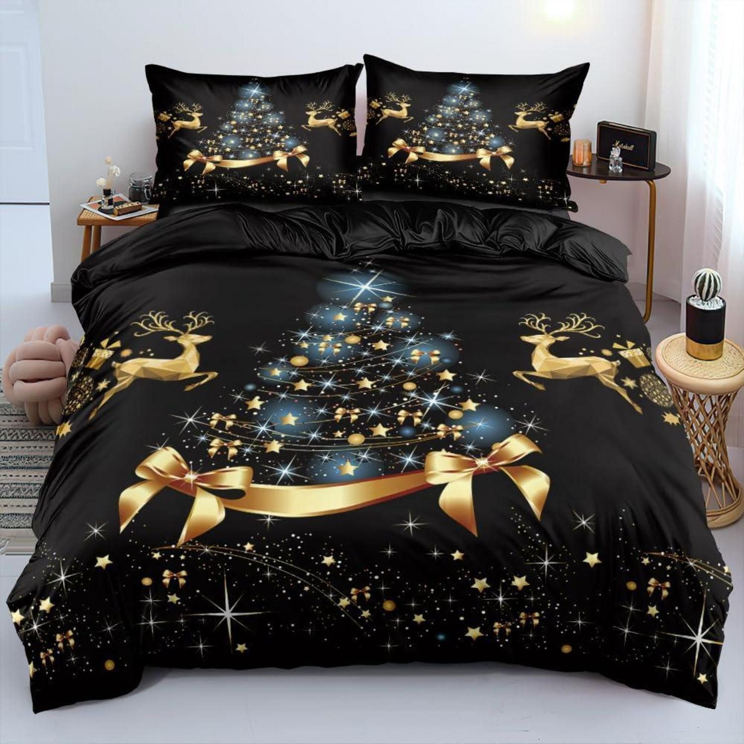LuxusKollektion Wendebettwäsche Bettwäsche 135x200cm Weihnachten 3D Druck Gold Schwarz