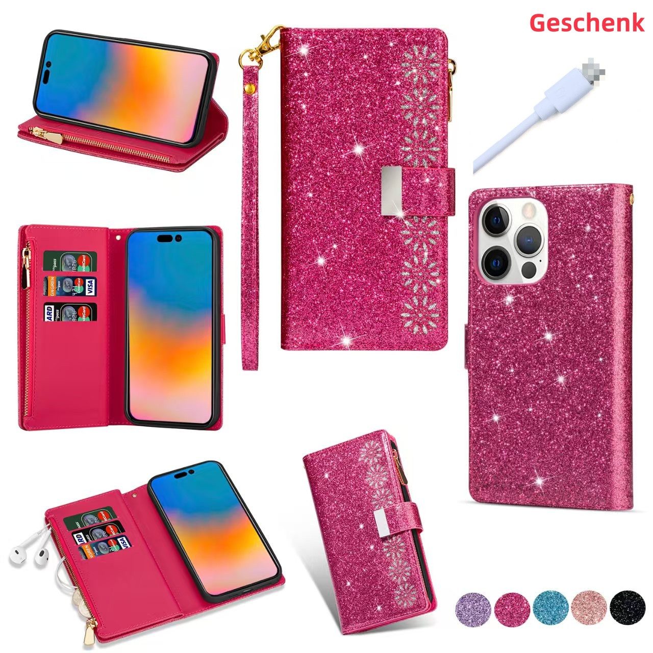 trends for living Handyhülle Glitzer Hülle Tasche für iPhone 14 15 Pro Max Klapp Case Cover Seil
