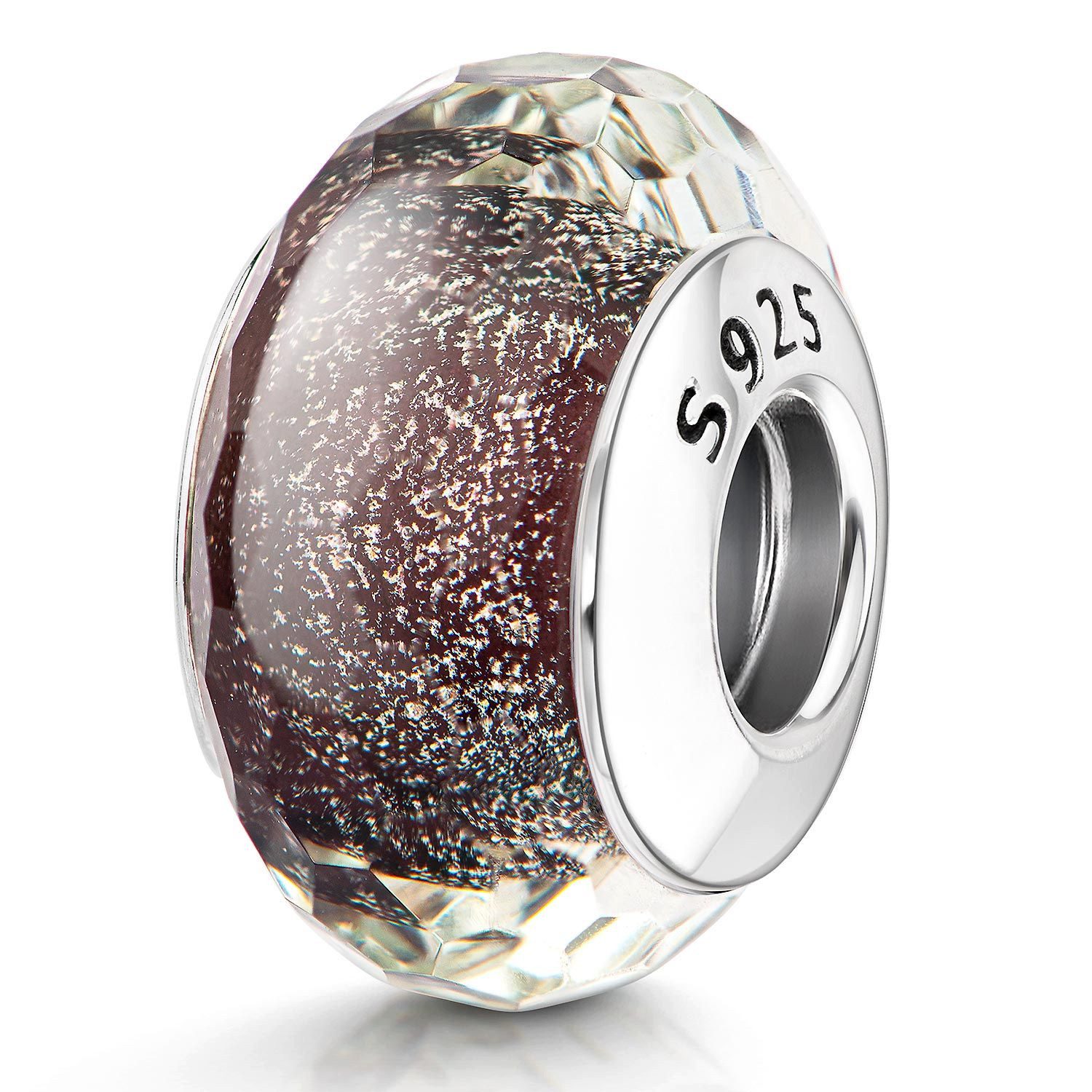 Materia Bead Glasperle Glitzer Lila Violett facettiert Hülse 925 Silber 745, Gewinde aus 925 Sterling Silber
