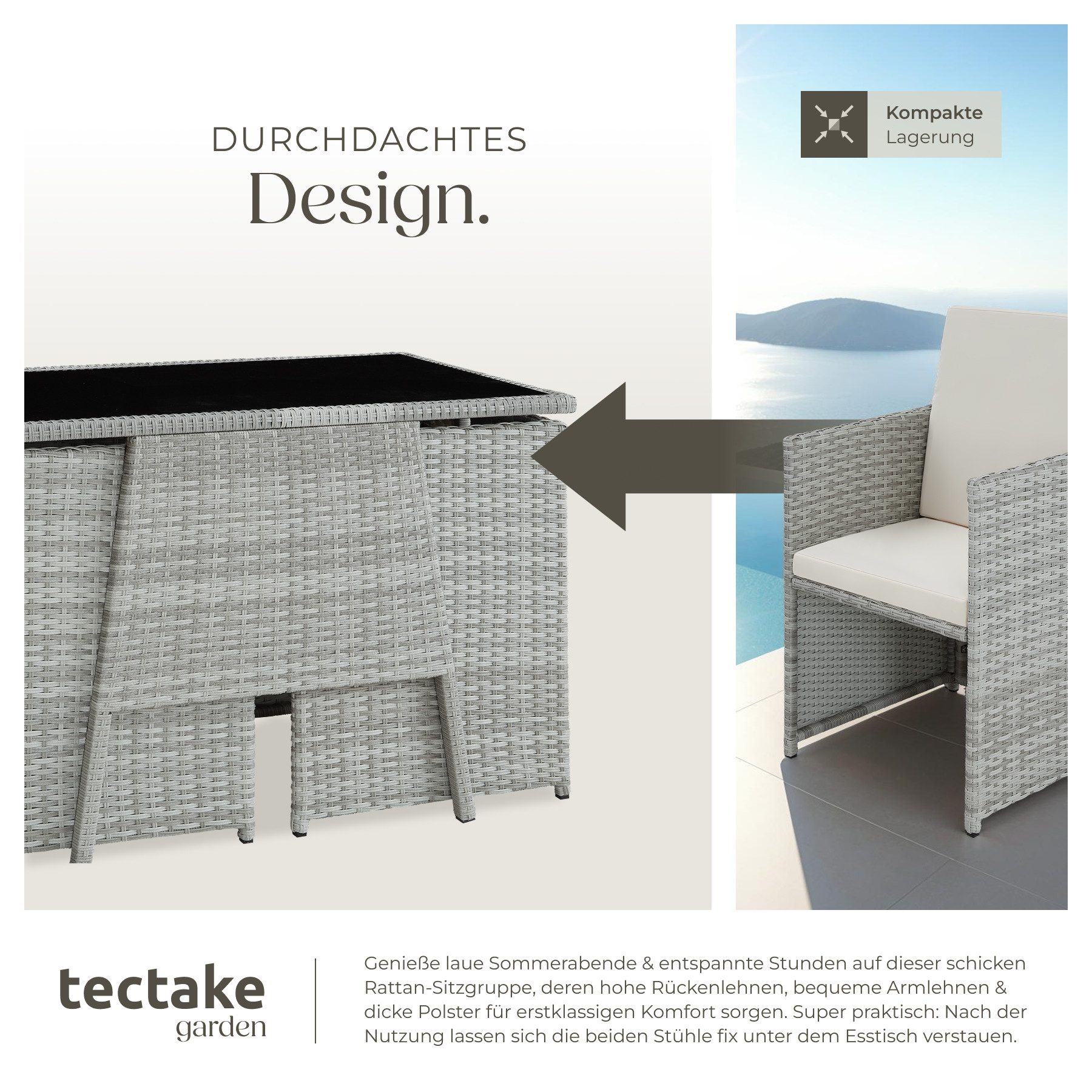 tectake Sitzgruppe Rattan Gartenlounge für 2 Personen, zusammenschiebbar, (Loungeset Lausanne, 3-tlg., für Außen in Hellgrau), widerstandsfähig, UV-beständig, m – Bild 4 von 5