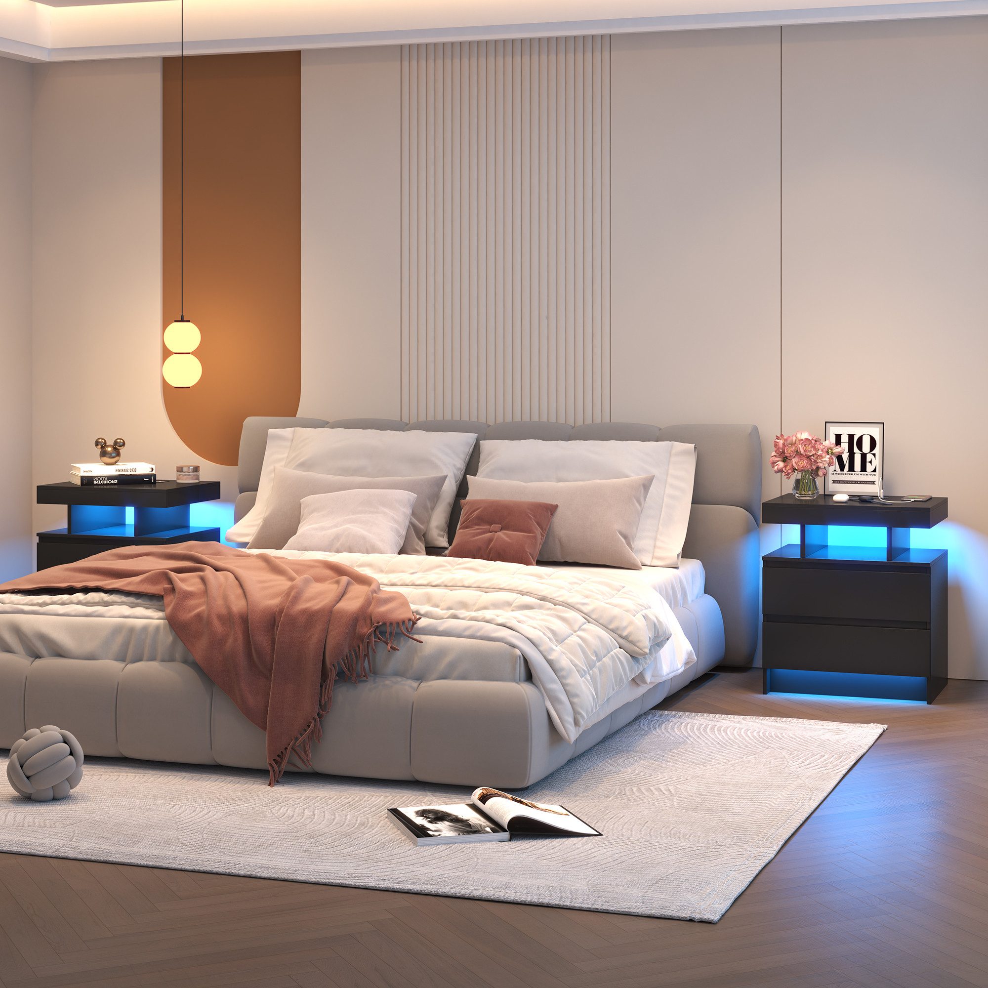 LVSOMT Nachttisch LED Nachttisch mit Ladestation, 3 Farben Licht und Steckdose, mit 2 Schubladen, aus hochwertigen MDF-Platten und leisen Schienen