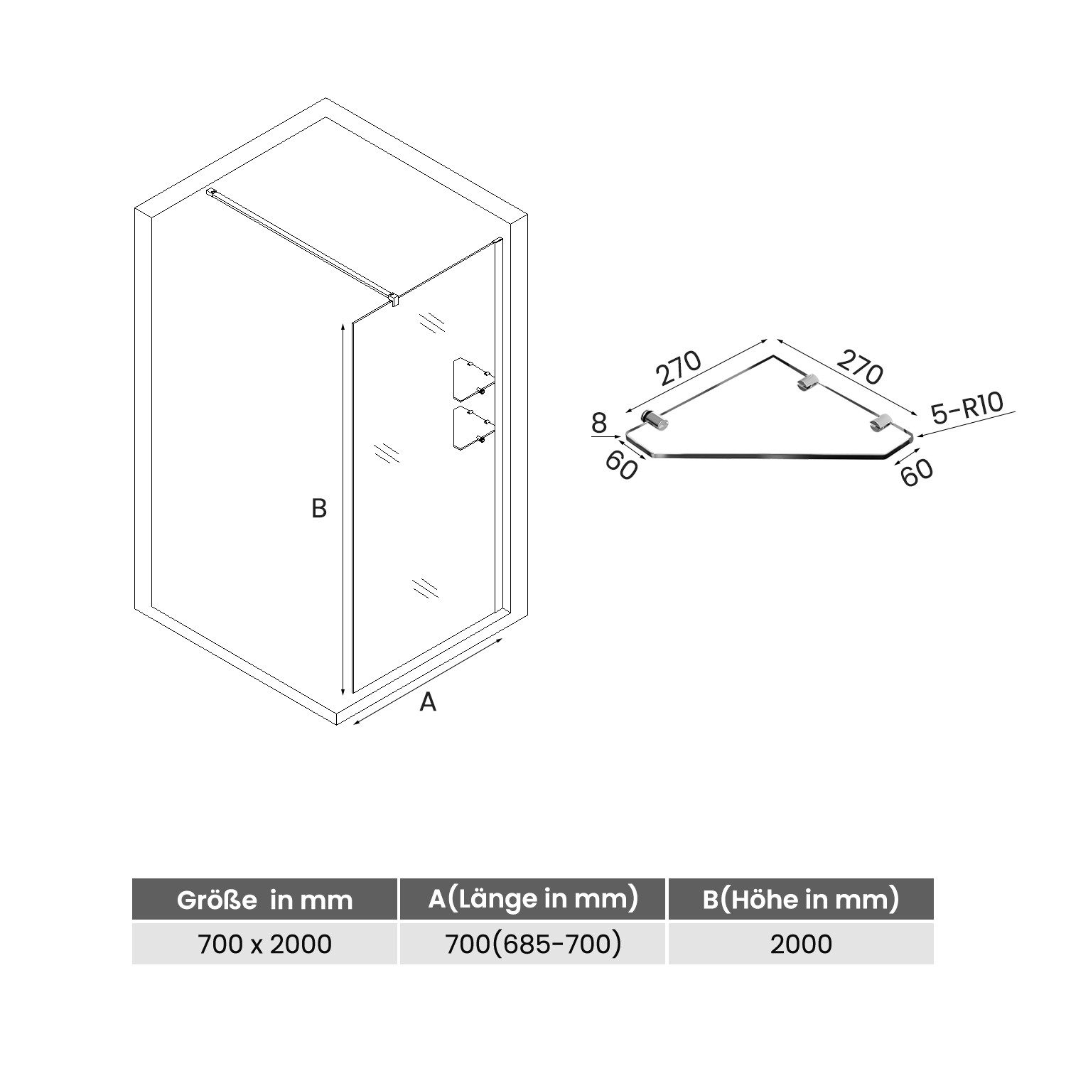 SONNI Walk-in-Dusche Duschwand aus 8 mm Glas mit integriertem Glasregal – Höhe 2000 mm, mit 2 Glasablagen