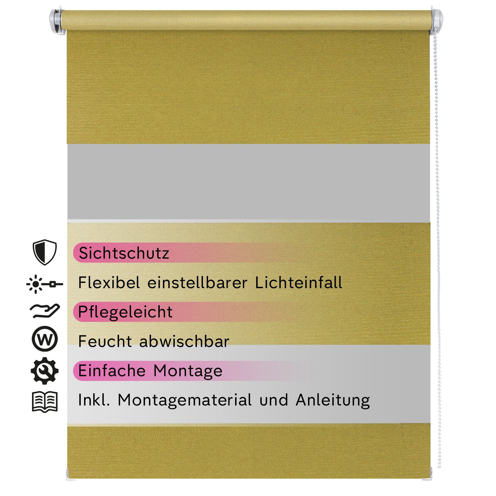 Doppelrollo Rollo MON ohne Bohren, Rikmani, Klemm- oder Schraubmontage, Moderne Optik, Klemm- oder Schraubmontage, Sicht- und Sonnenschutz