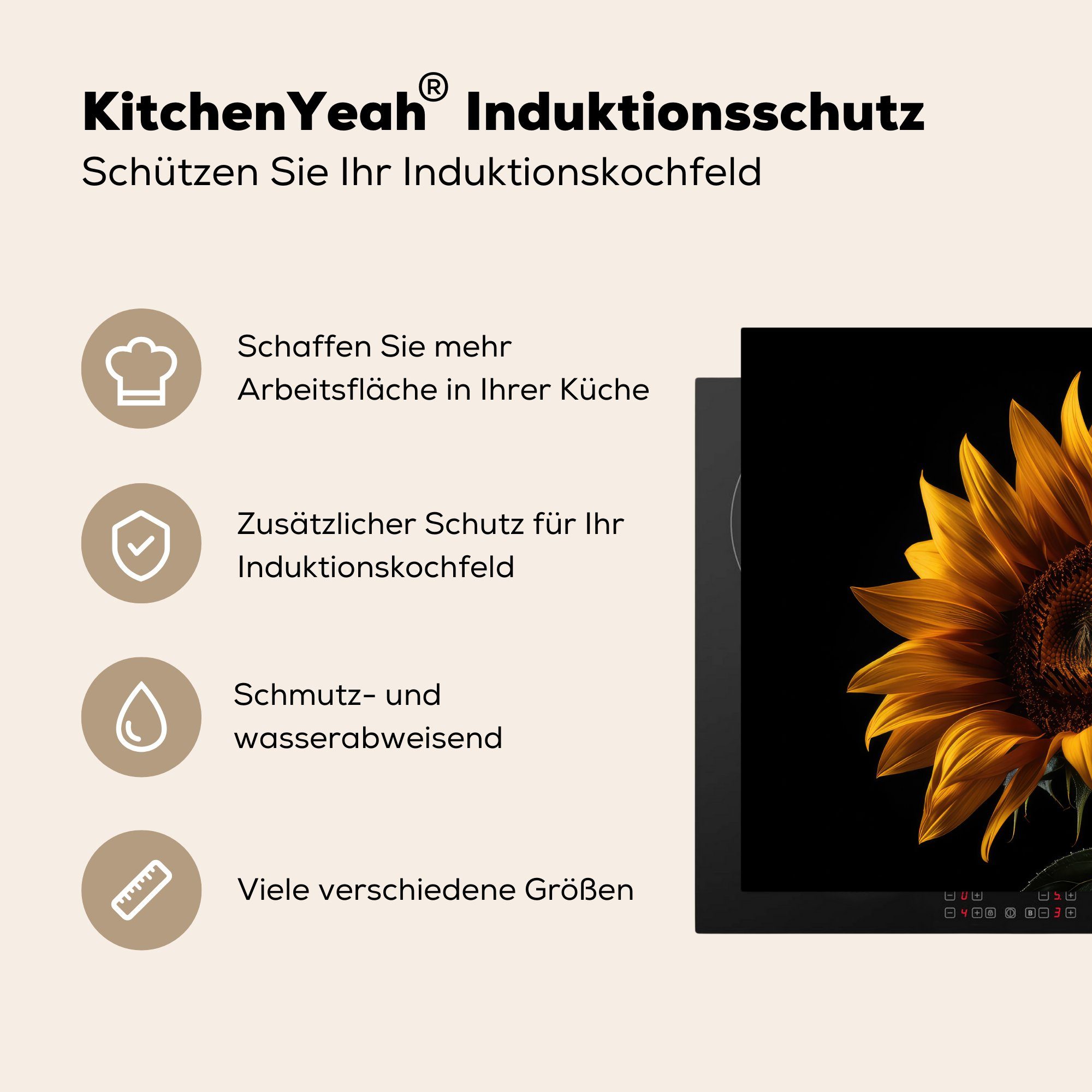 tlg), (1 Schwarz Botanisch - Vinyl, Arbeitsfläche Mobile Blumen cm, 60x52 MuchoWow - Sonnenblume, - nutzbar, Herdblende-/Abdeckplatte Ceranfeldabdeckung