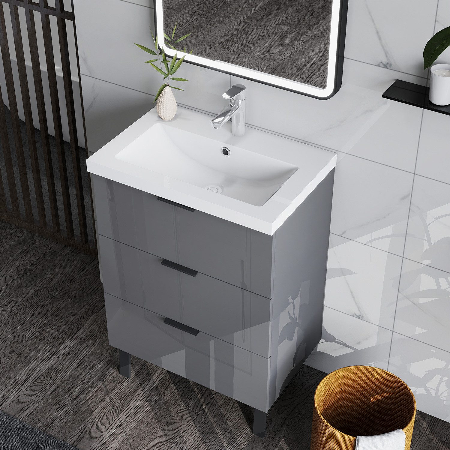 duschspa Waschtisch Badmöbel Set Waschbecken mit Unterschrank Badezimmer Möbel Schrank (Hängeschrank, mit Schrankfüße), Hochglanz; ca. 85cm hoch, 60/80cm breit