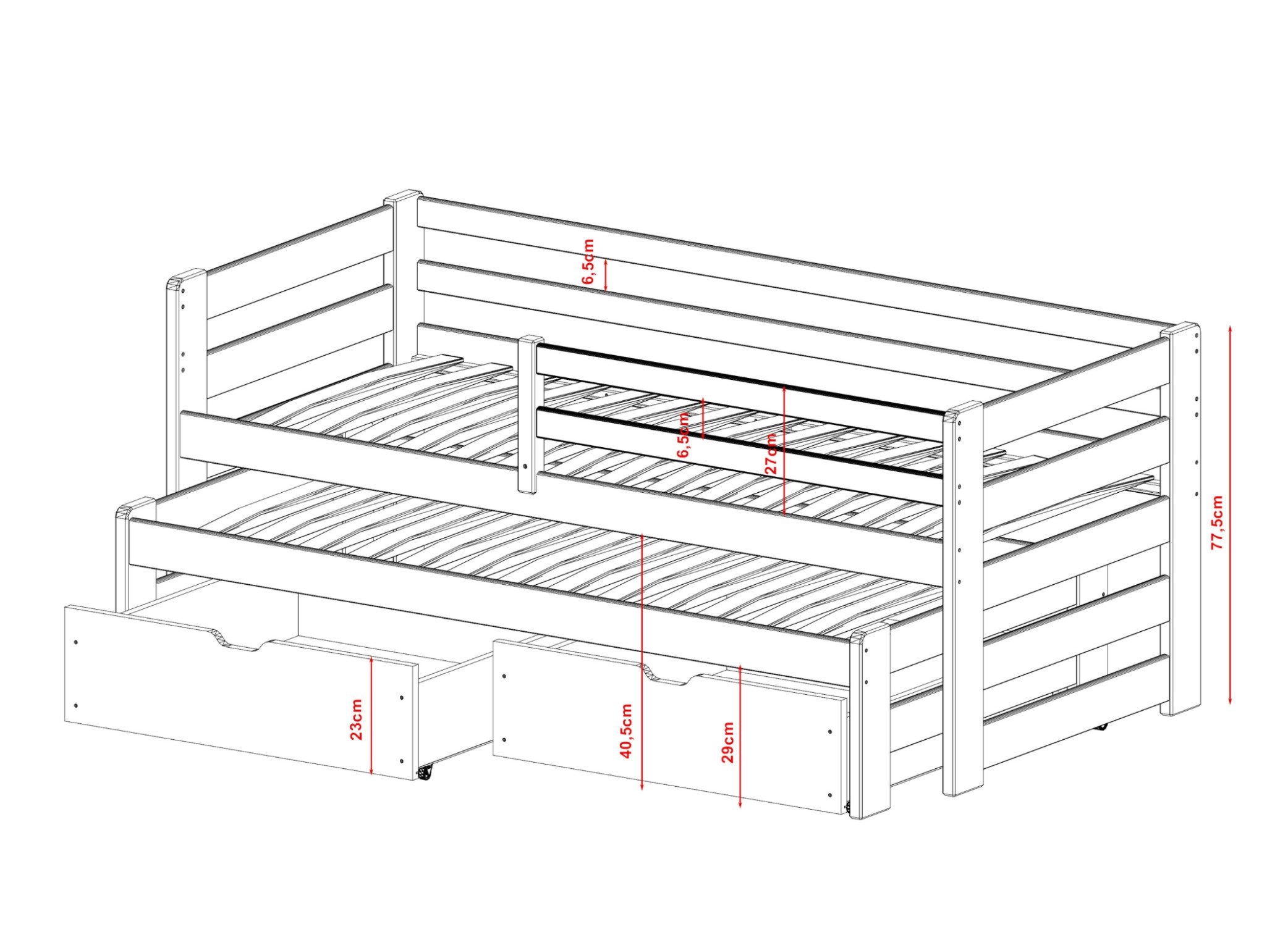 Kids Collective Jugendbett Einzelbett Kinderbett 90x200 cm, Lattenrost, Rausfallschutz Vollholz, 90x200 cm mit Rausziehbett 190x90 mit zwei Schubladen Olivgrün