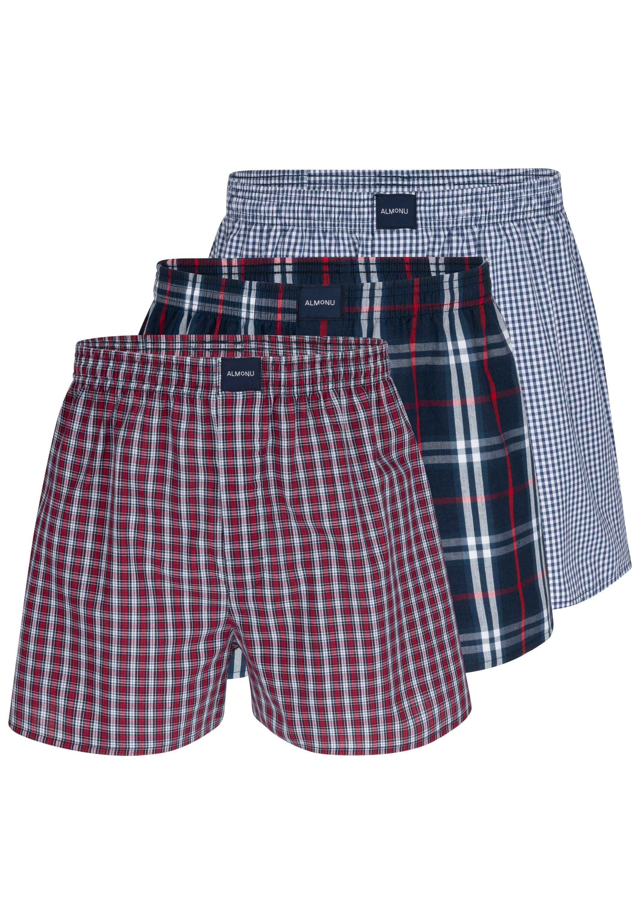 Almonu Boxershorts 3er Pack Web (Spar-Set, 3-St) Boxershorts - Baumwolle - Mit Eingriff - Atmungsaktiv Rot / Blau karriert