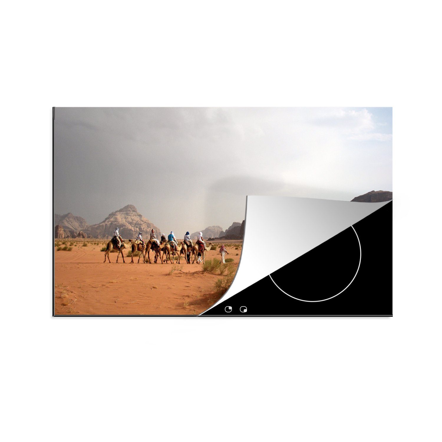 MuchoWow Herdblende-/Abdeckplatte Kameltrekking in Wadi Ceranfeldabdeckung, Jordanien, Rum der Arbeitsplatte Vinyl, roten in (1 tlg), für von Wüste küche 83x51 cm