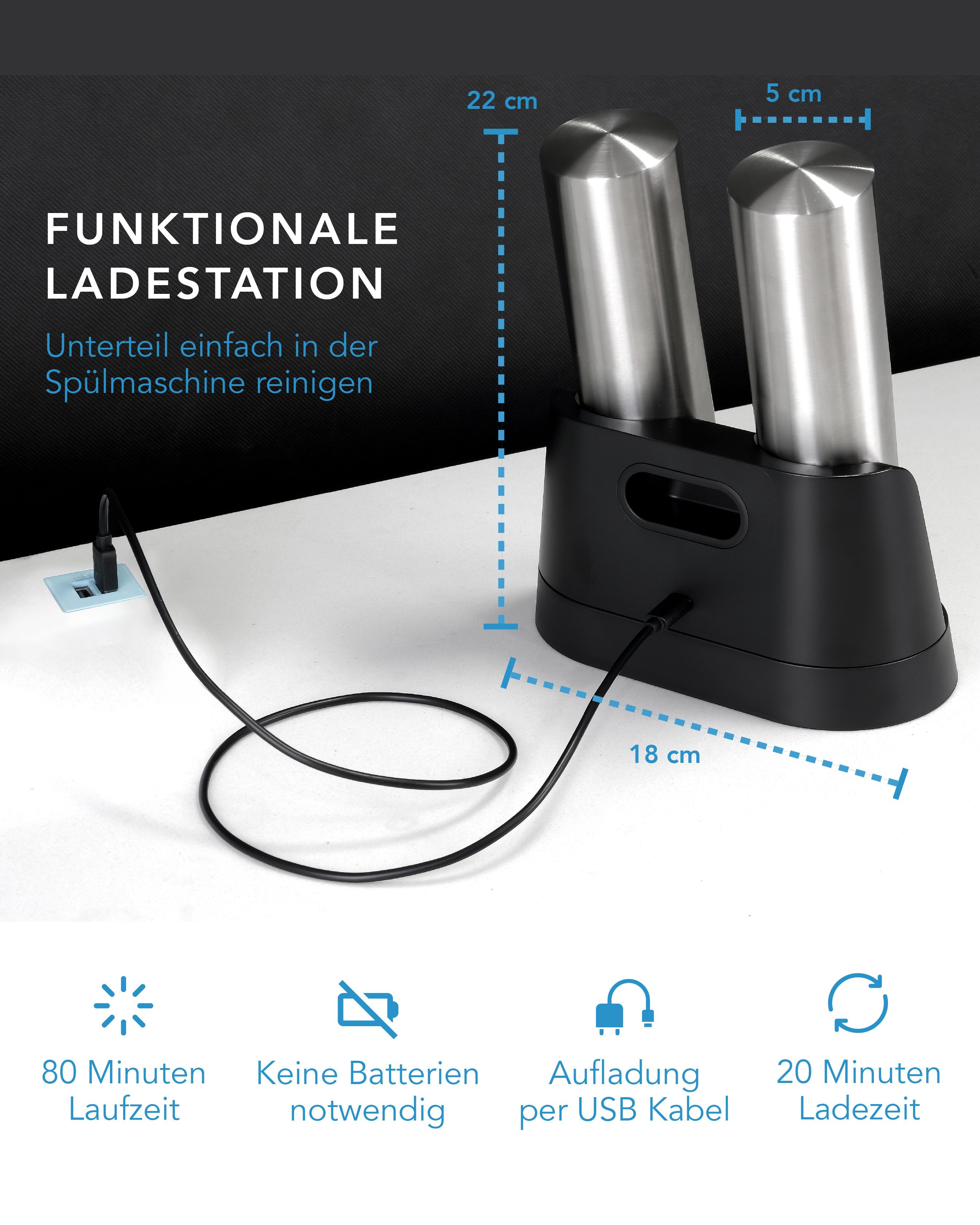 Lebenlang Salz-/Pfeffermühle Salz und Pfeffermühle Elektrisch -, Integrierte LED-Beleuchtung, Wiederaufladbar & Viel Zubehör