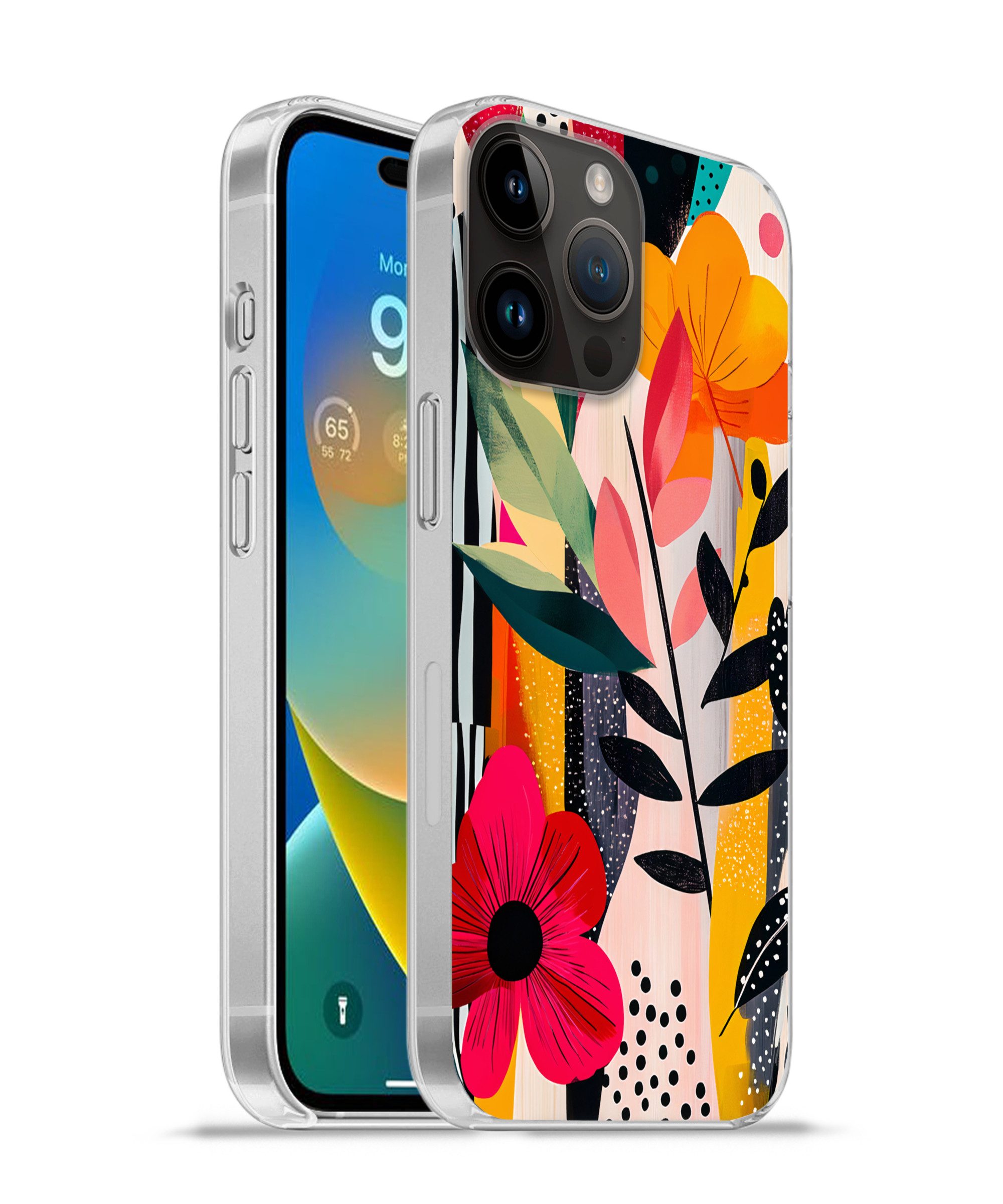 MuchoWow Handyhülle für Apple iPhone 14 Pro Blumen - Blätter - Abstrakt - Farbenfroh, Smartphone-Bumper, Print, Handy Schutzhülle Dünn