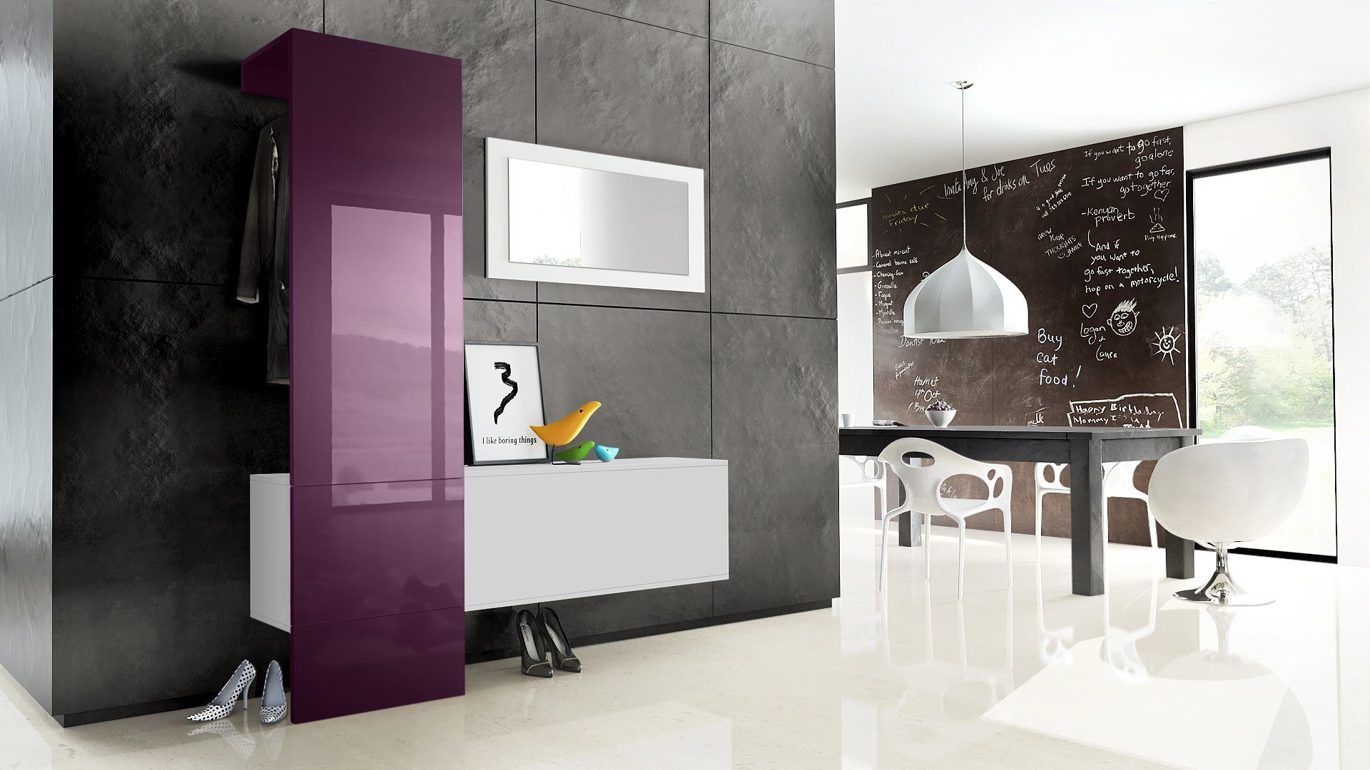 Vladon Garderoben-Set Carlton Set 4, (Wandgarderobe bestehend aus, 1 Paneel, 1 Schrankmodul und 1 Wandspiegel), Weiß matt/Brombeer Hochglanz (156 x 193 x 35 cm)