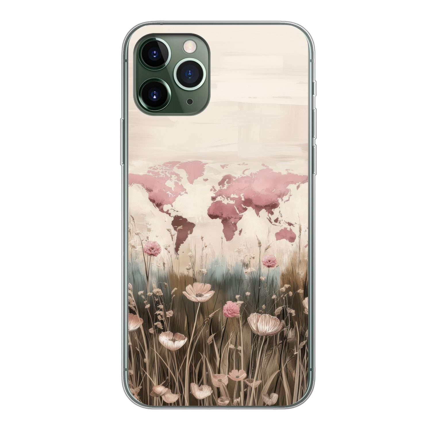 MuchoWow Handyhülle für Apple iPhone 11 Pro Weltkarte - Rosa - Blumen, Smartphone-Bumper, Print, Handy Schutzhülle Dünn