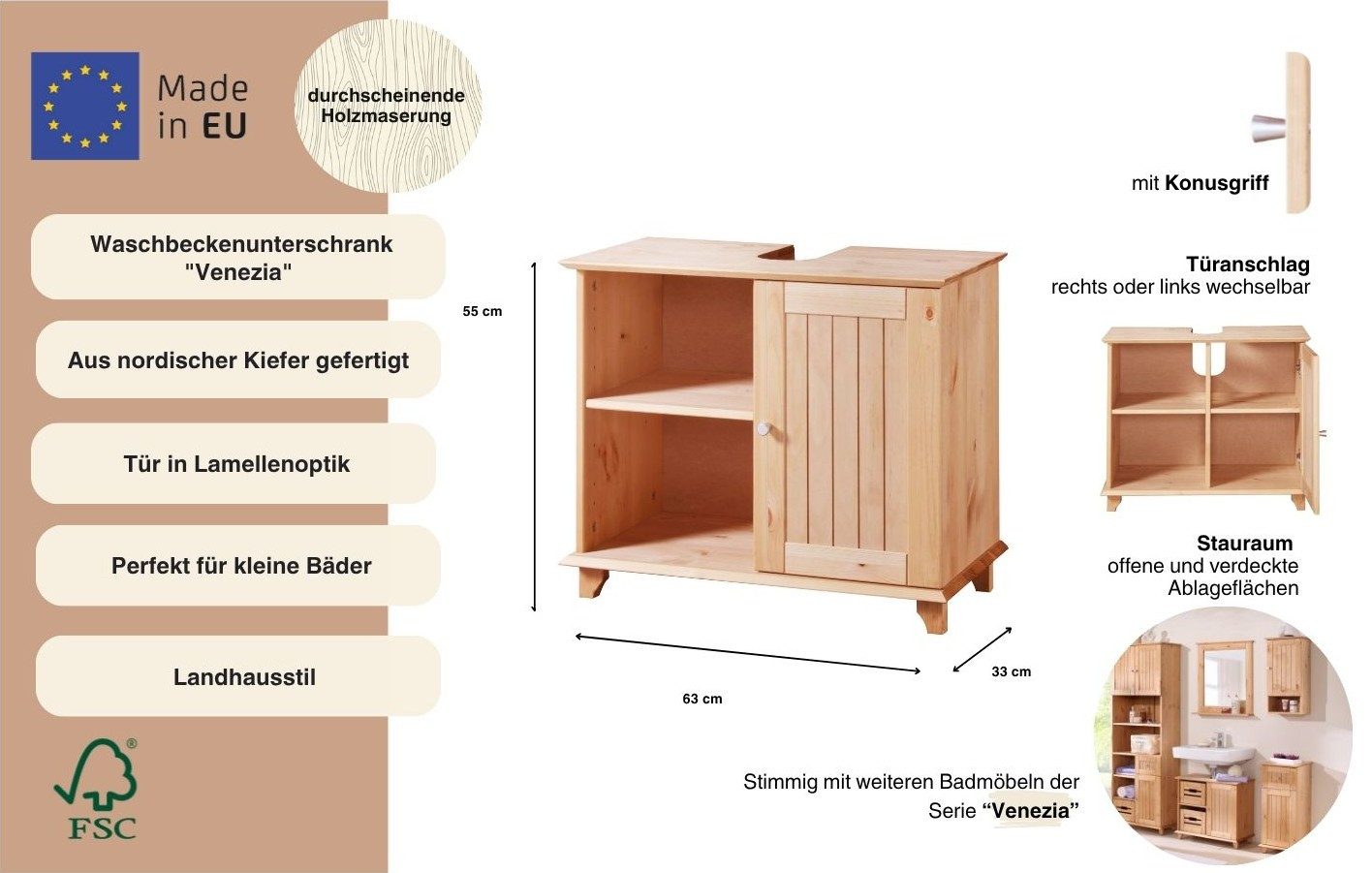 welltime Waschbeckenunterschrank Venezia Landhaus Badmöbel aus Massivholz, Breite 63 cm (ohne Stauraumkisten)