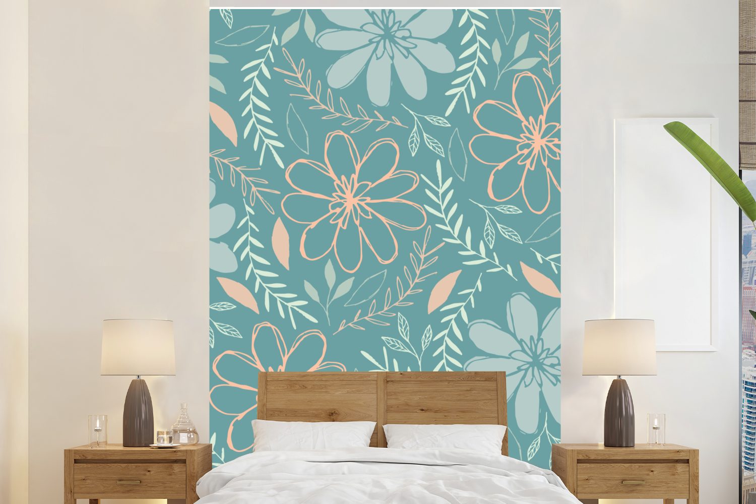 MuchoWow Fototapete Blumen - Äste - Muster, Matt, bedruckt, (3 St), Montagefertig Vinyl Tapete für Wohnzimmer, Wandtapete