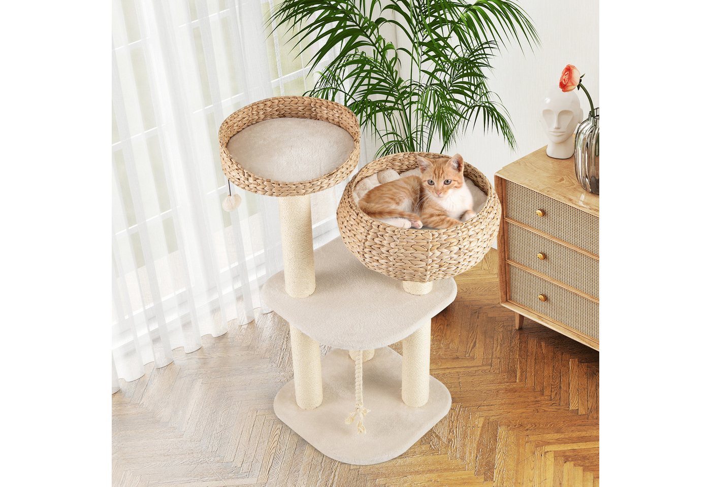 Thumbnail - COSTWAY Kratzbaum, Katzenbaum, mit Sitzstange, Korb, Ball, 104cm hoch