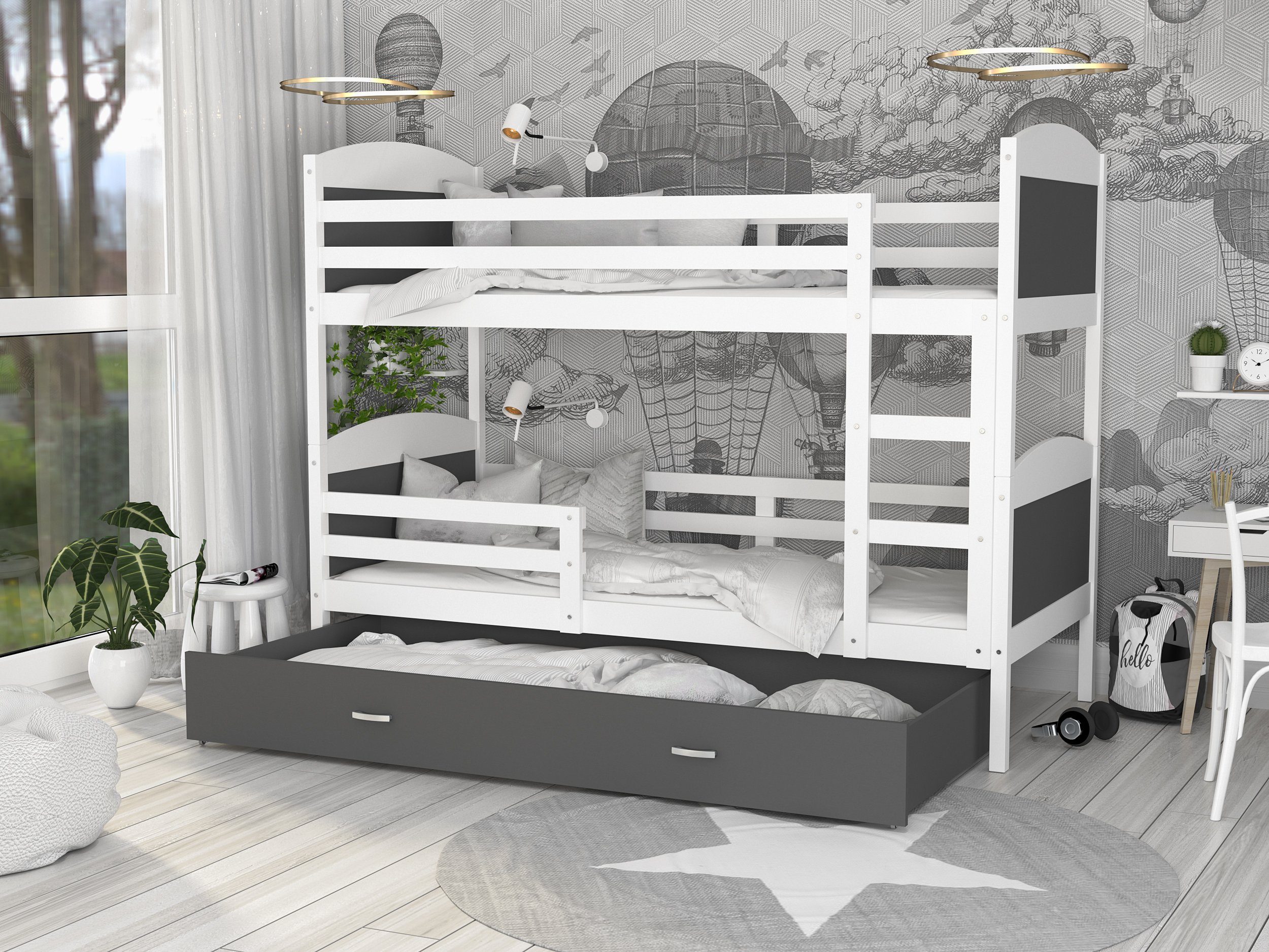 Siblo Kinderbett Mati (Flexibler Lattenrost, Schublade, Sicherheitsbarriere), Massivholz, Möbelplatte Weiß und Grau