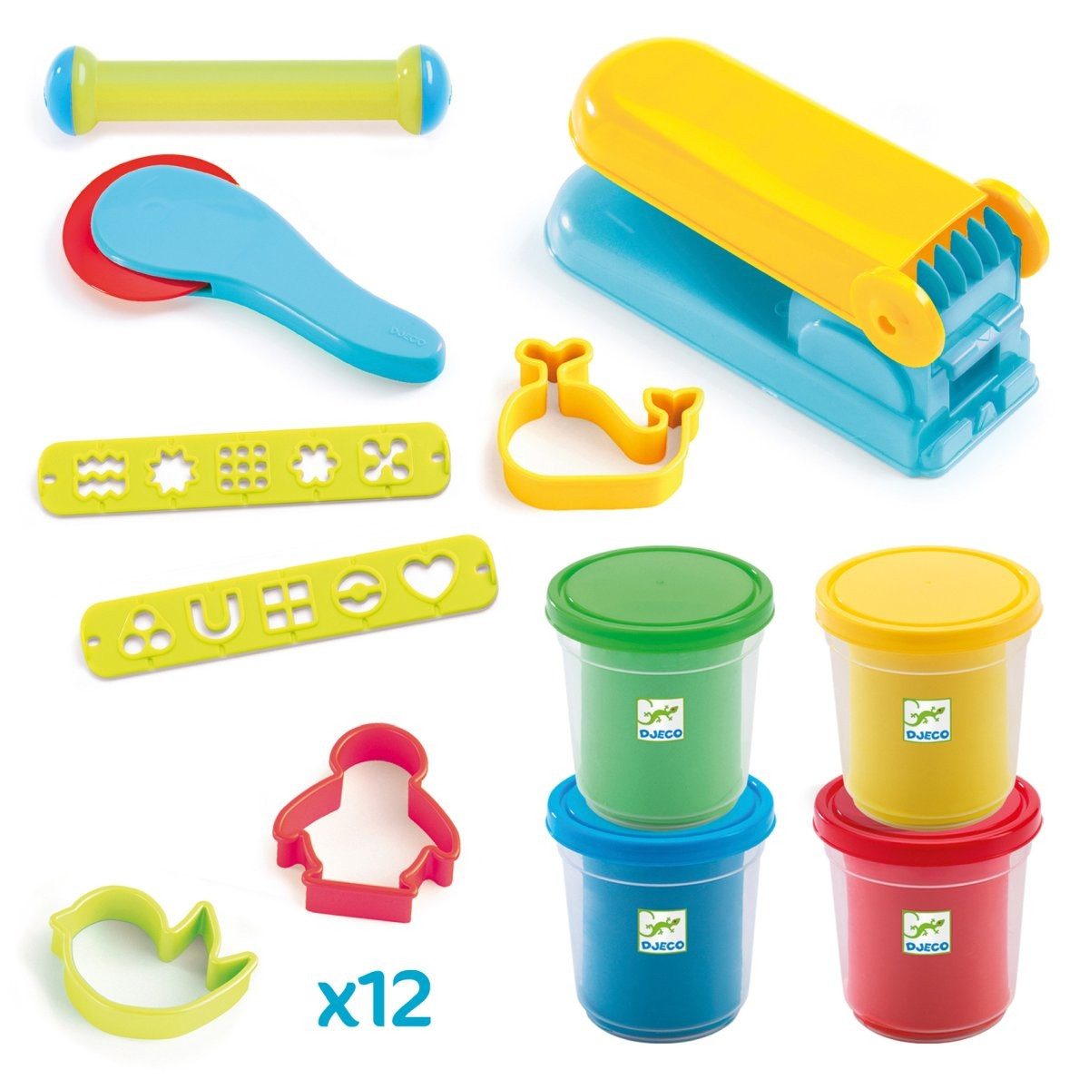 DJECO Knetform-Set Knete-Set 4 Töpfe 15 Wekzeuge ab 18 Monaten Kreativset