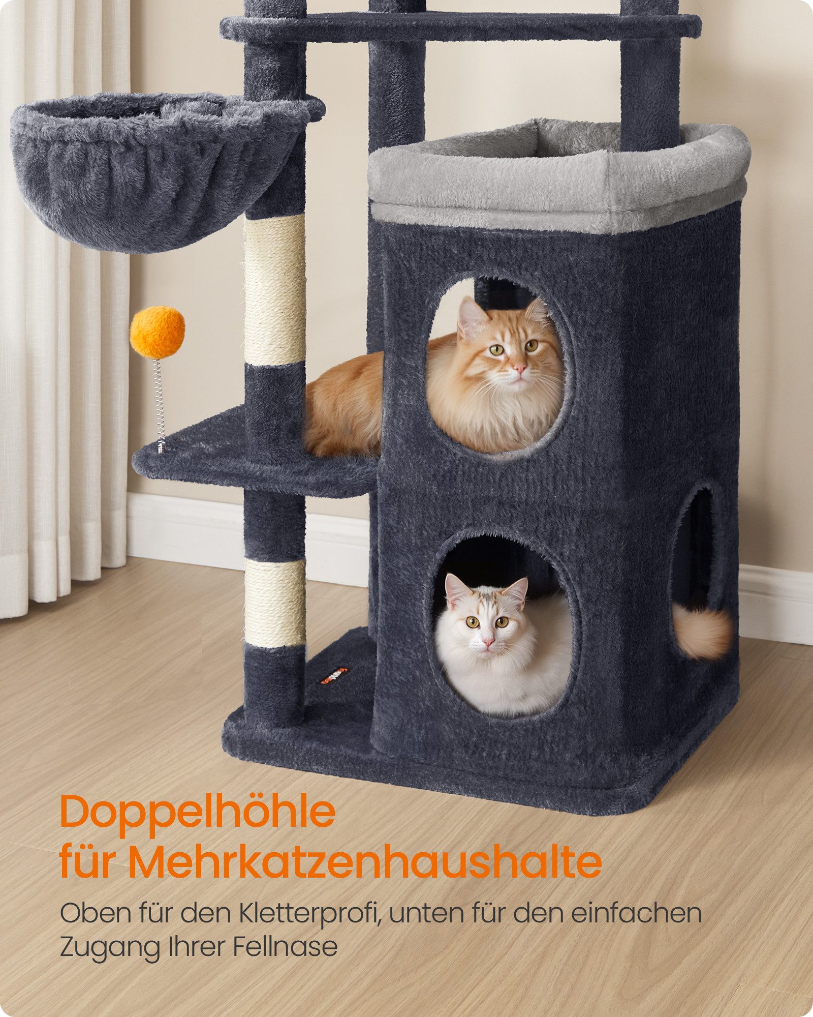 FEANDREA Kratzbaum Katzenkratzbaum 150 cm, mehrstöckiger Katzenbaum, mit 2 großen Höhlen, 1 Liegemulde, 3 Kratzstämmen, 3 Plattformen