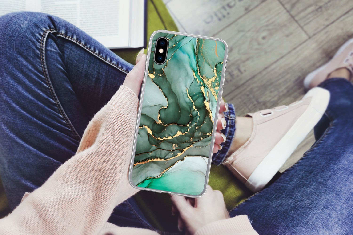 MuchoWow Handyhülle für Apple iPhone X Gold - Marmor - Grün - Luxus - Marmoroptik - Grau, Smartphone-Bumper, Print, Handy Schutzhülle Dünn