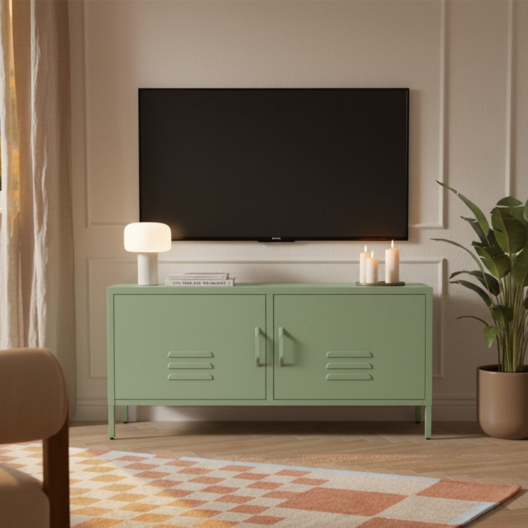 skølm Lowboard Atria aus Metall (Mintgrün), Metallkommode mit 4 Fächern & 2 Türen, 55x38x105cm (HxTxB)