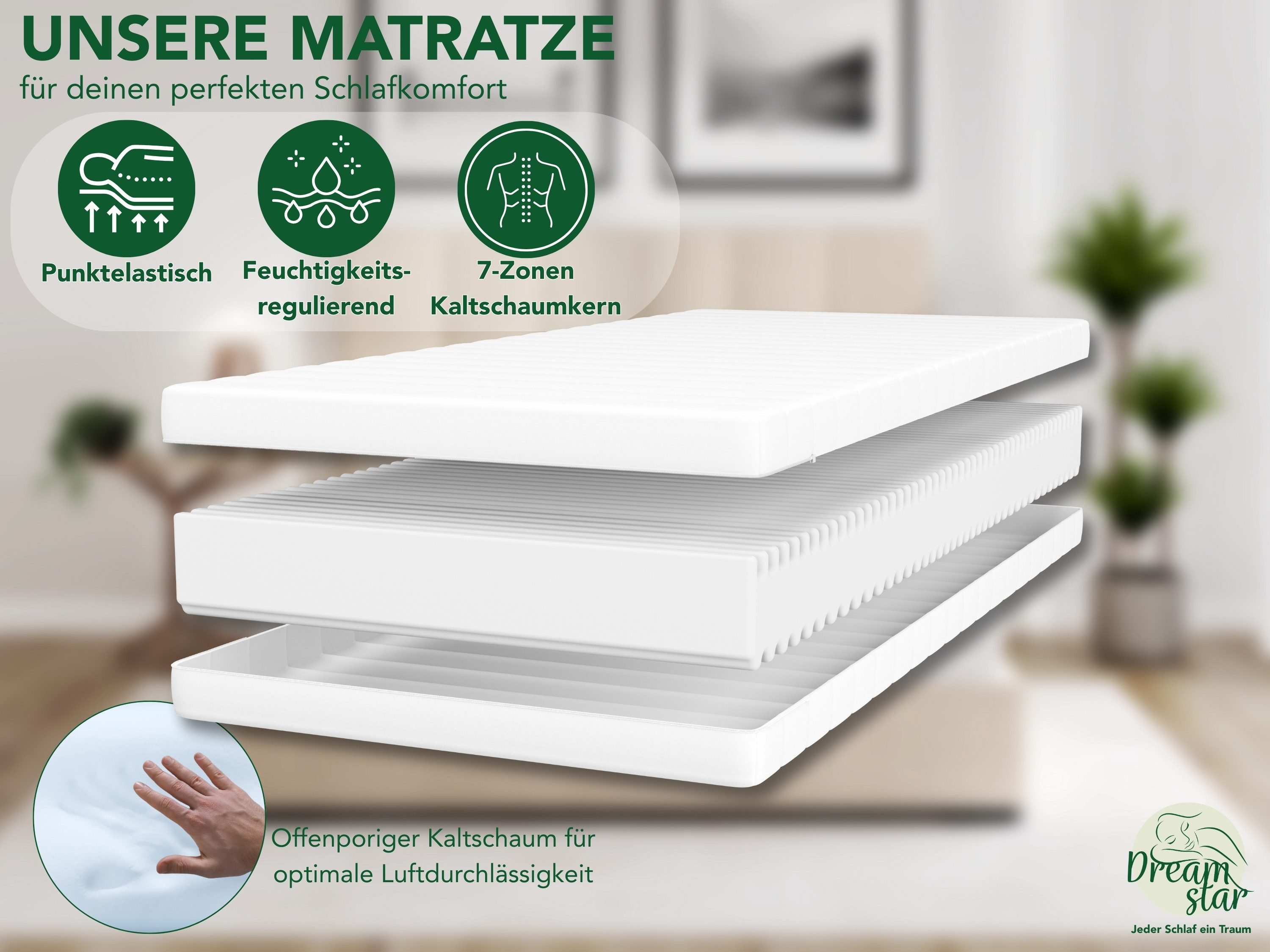 Kaltschaummatratze 7-Zonen Simple Flex - H2/H3 - 80x200 90x200 120x200 140x200 180x200, Dreamstar, ergonomisch & atmungsaktiv - verschiedene Größen und Höhen – Bild 3 von 5