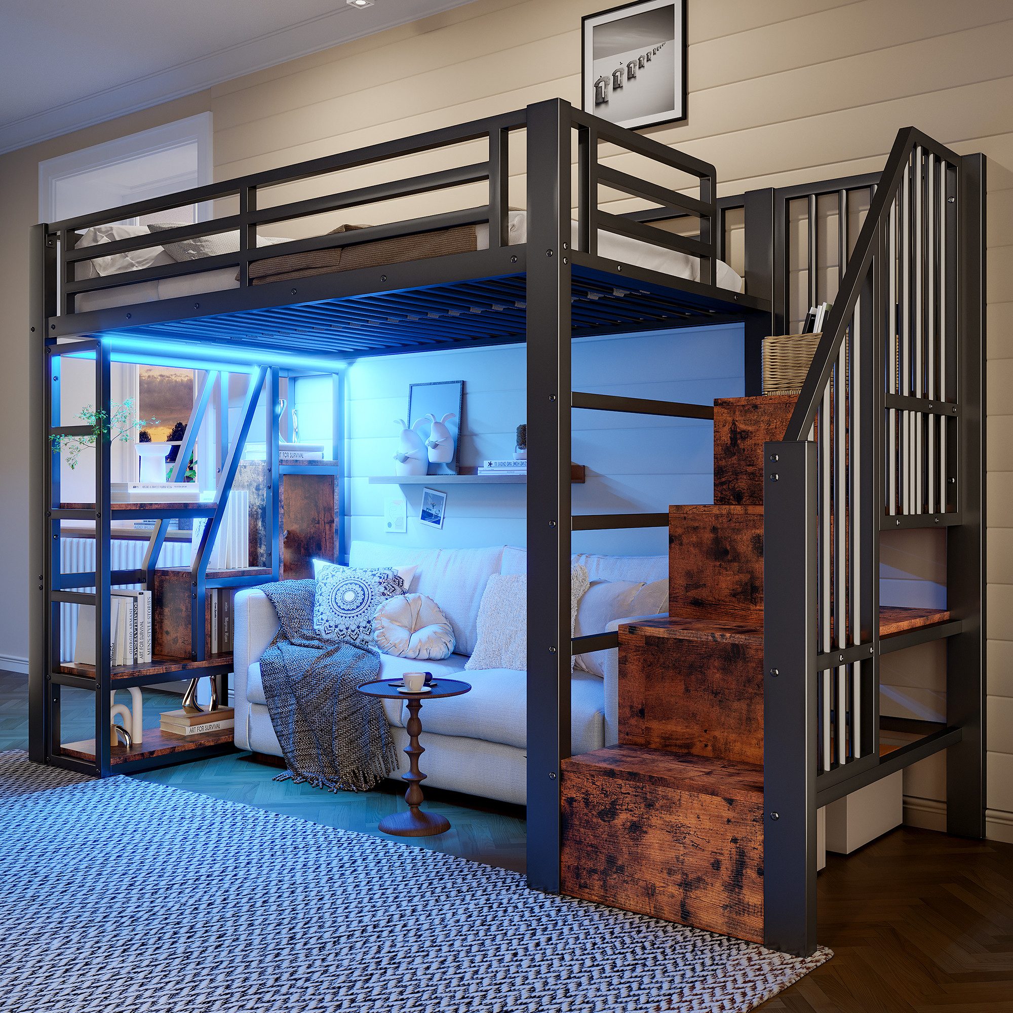 MODFU Kinderbett mit Ablagefach (Jugendbett mit LED-Beleuchtung und offenem Unterbett-Stauraum, Hochbett 90x200 cm), ohne Matratze
