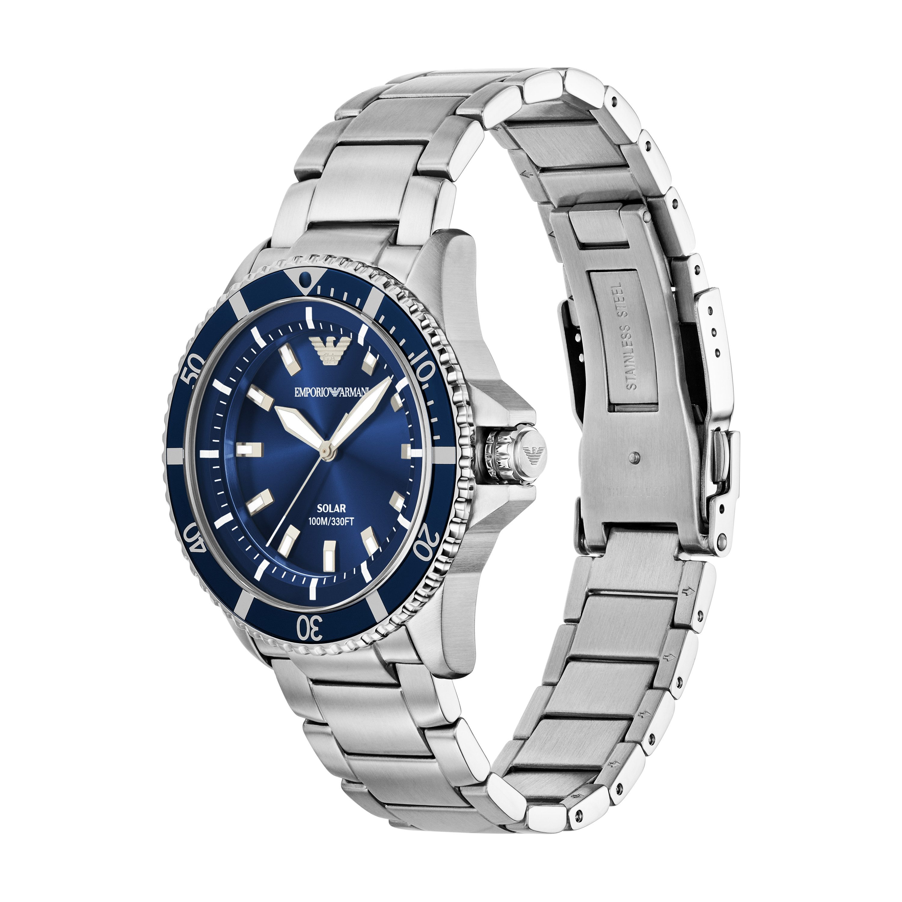 Emporio Armani Solaruhr WORLD EXPLORER AR11697, Armbanduhr, Herrenuhr, Edelstahlarmband, analog, Tag