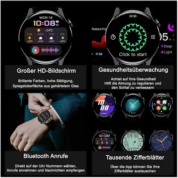TPFNet SW21 Edelstahl Armband + Silikon Armband - individuelles Display Smartwatch (Android), Armbanduhr mit Musiksteuerung, Herzfrequenz, Schrittzähler, Kalorien, Social Media etc. - Schwarz