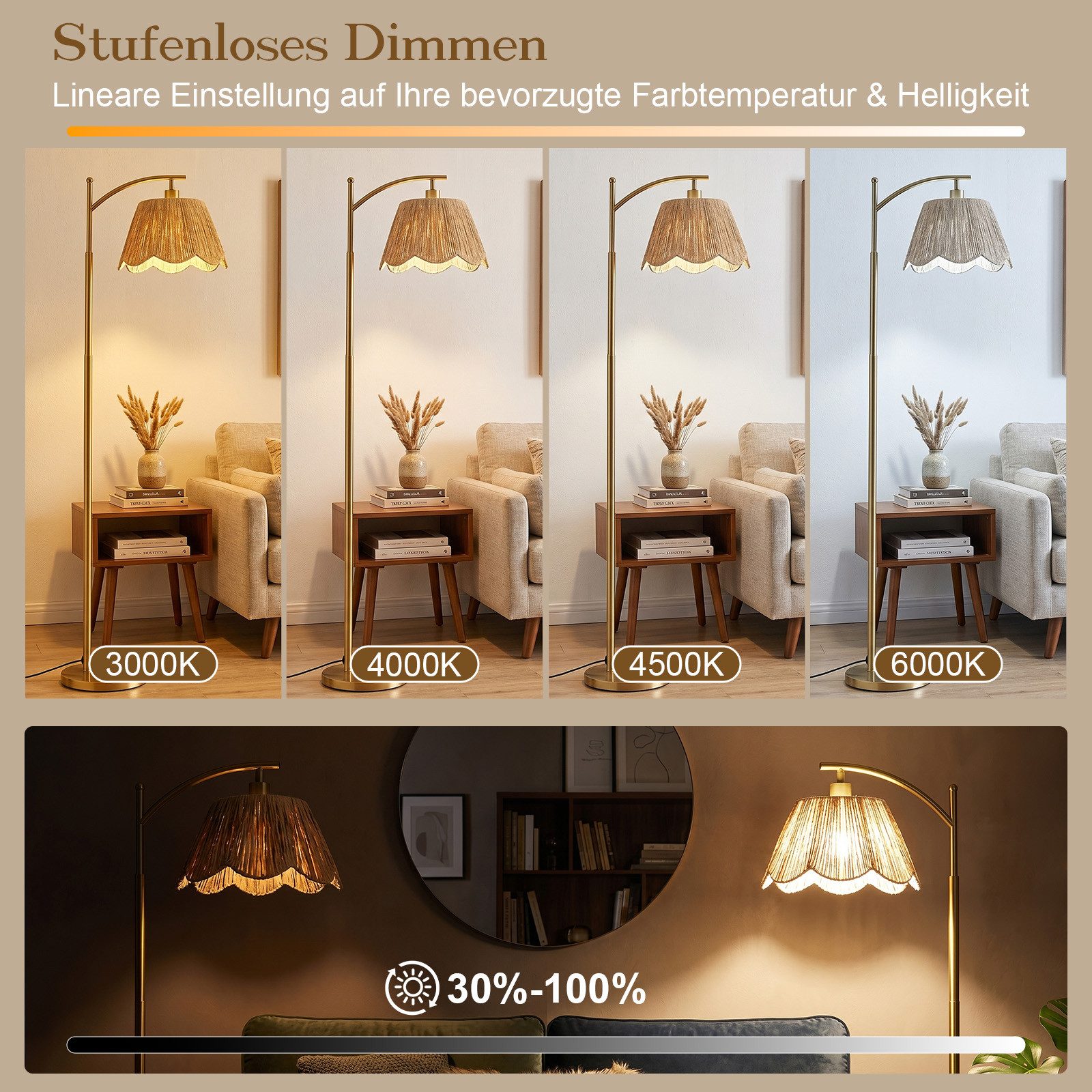 Rosnek Stehlampe Boho Gold, Rattan-Schirm, dimmbare LED, Fernbedienung, 4 Lichtfarben, LED wechselbar, 170 cm Metalllampe, 12 W, für Wohnzimmer, Büro & Leseecke