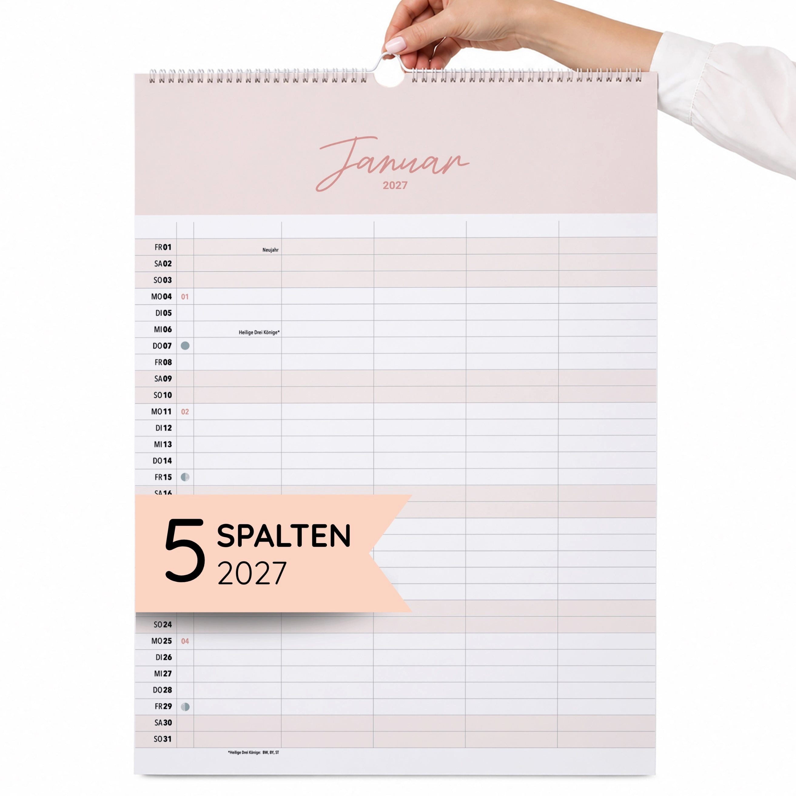 heaven+paper Familienkalender A3 Familienplaner Cozy 5 Spalten 2027 minimalistisch, hochwertig, Hergestellt in Deutschland