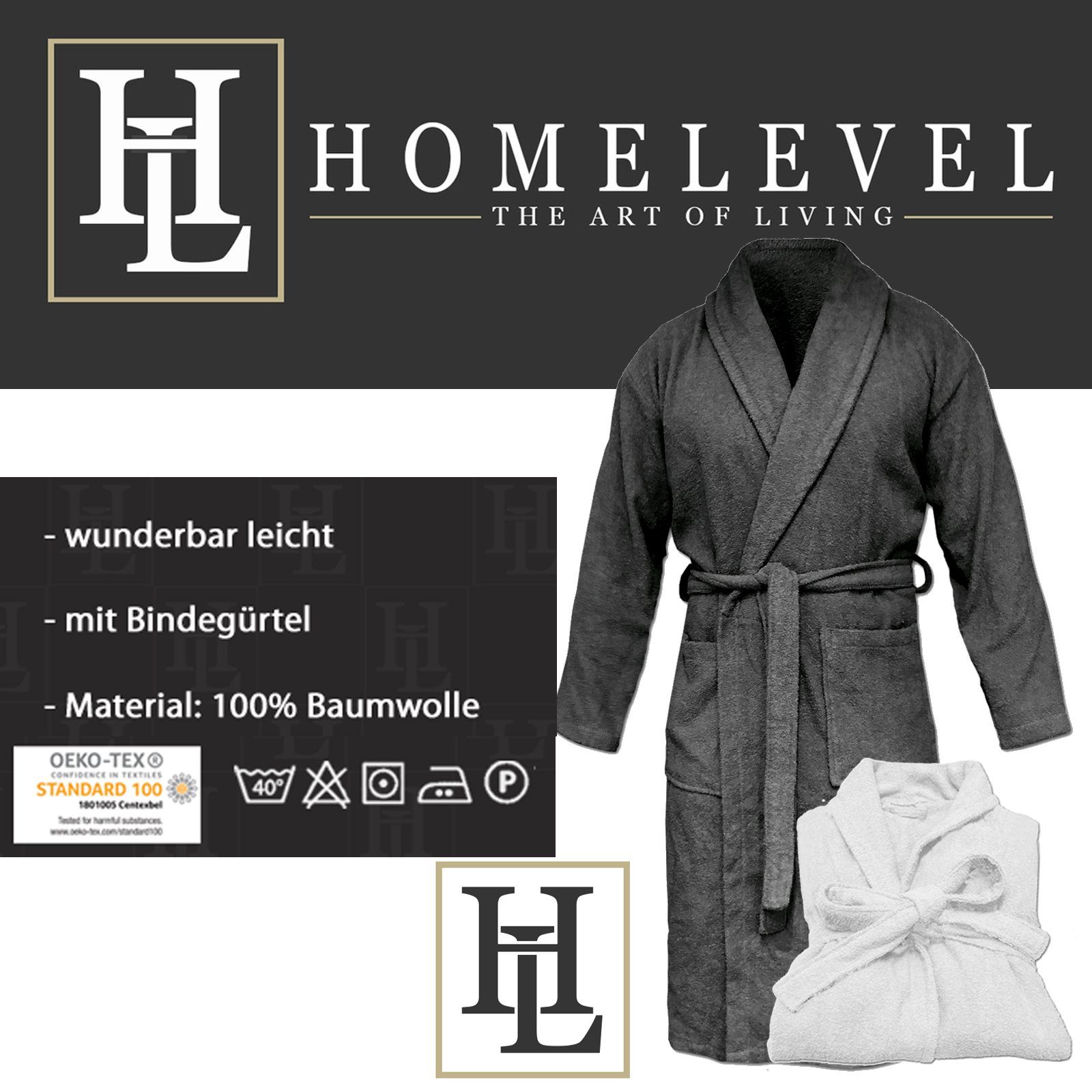 Bademantel und Baumwolle HOMELEVEL Anthrazit für Baumwolle Frottee 100% Herren, Damen Reisebademantel