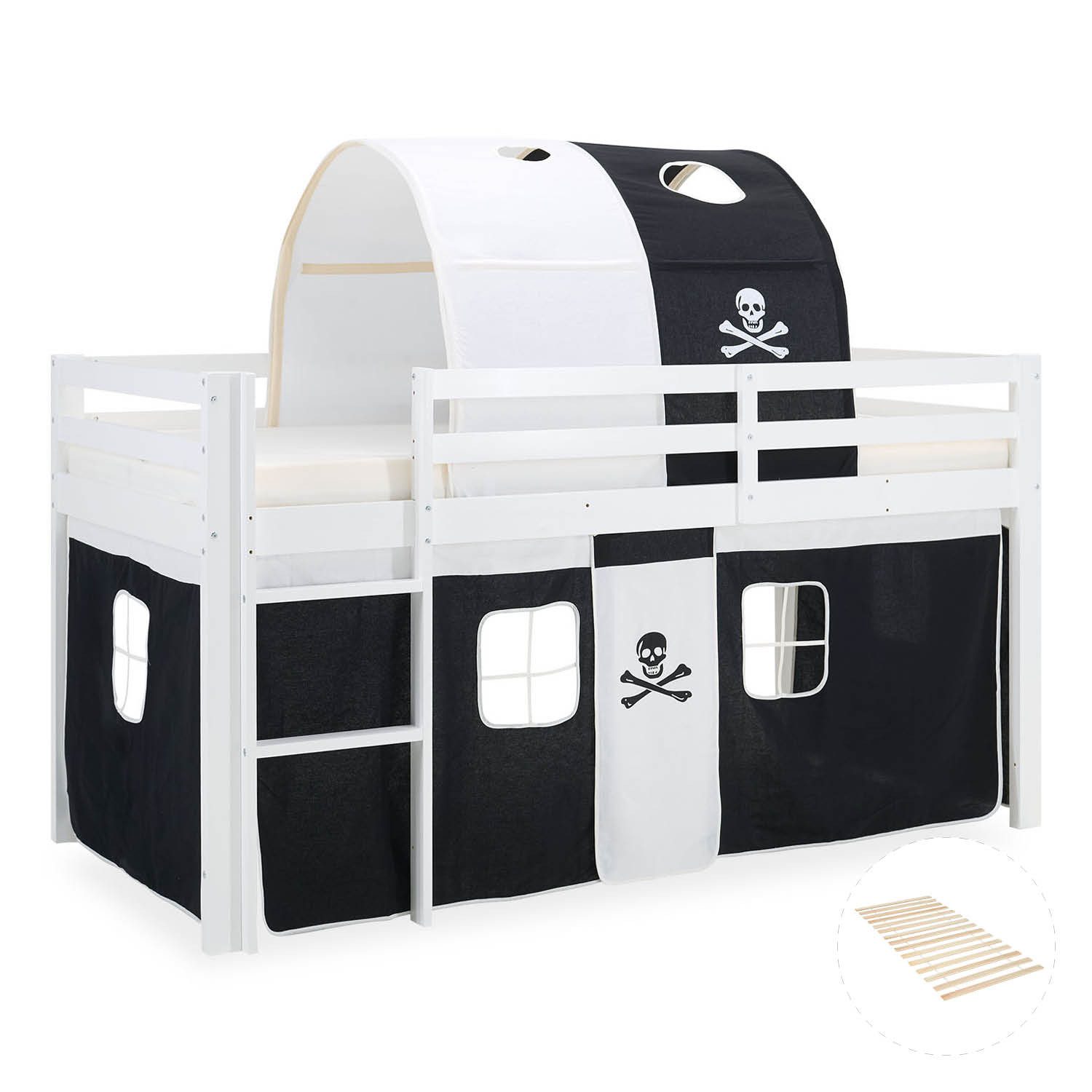 Homestyle4u Hochbett Kinder Rutsche 90x200 mit / ohne Matratze Holz Vorhang Jungen (Set, mit Lattenrost und Tunnel) Pirat, Junge