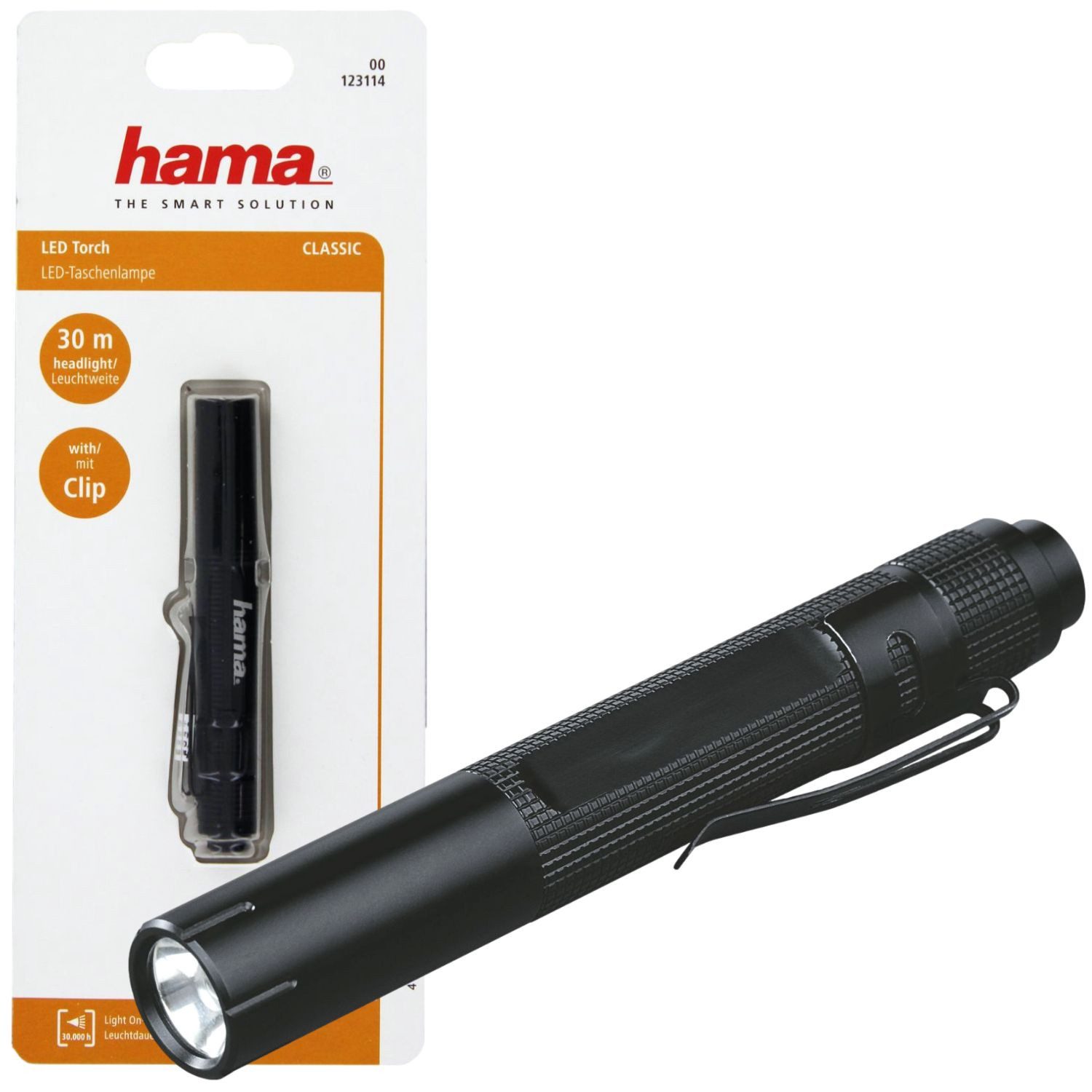 Hama LED Taschenlampe Classic LED Taschenlampe mit Clip 30m (1-St), Mini Licht Lampe Hell Wasserfest Camping Outdoor 30m Leuchtweite