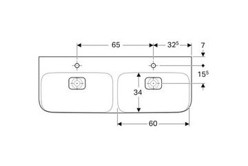 GEBERIT Doppelwaschtisch myDay, 130x48 cm, mit Hahnloch, ohne Überlauf, weiß, KeraTect