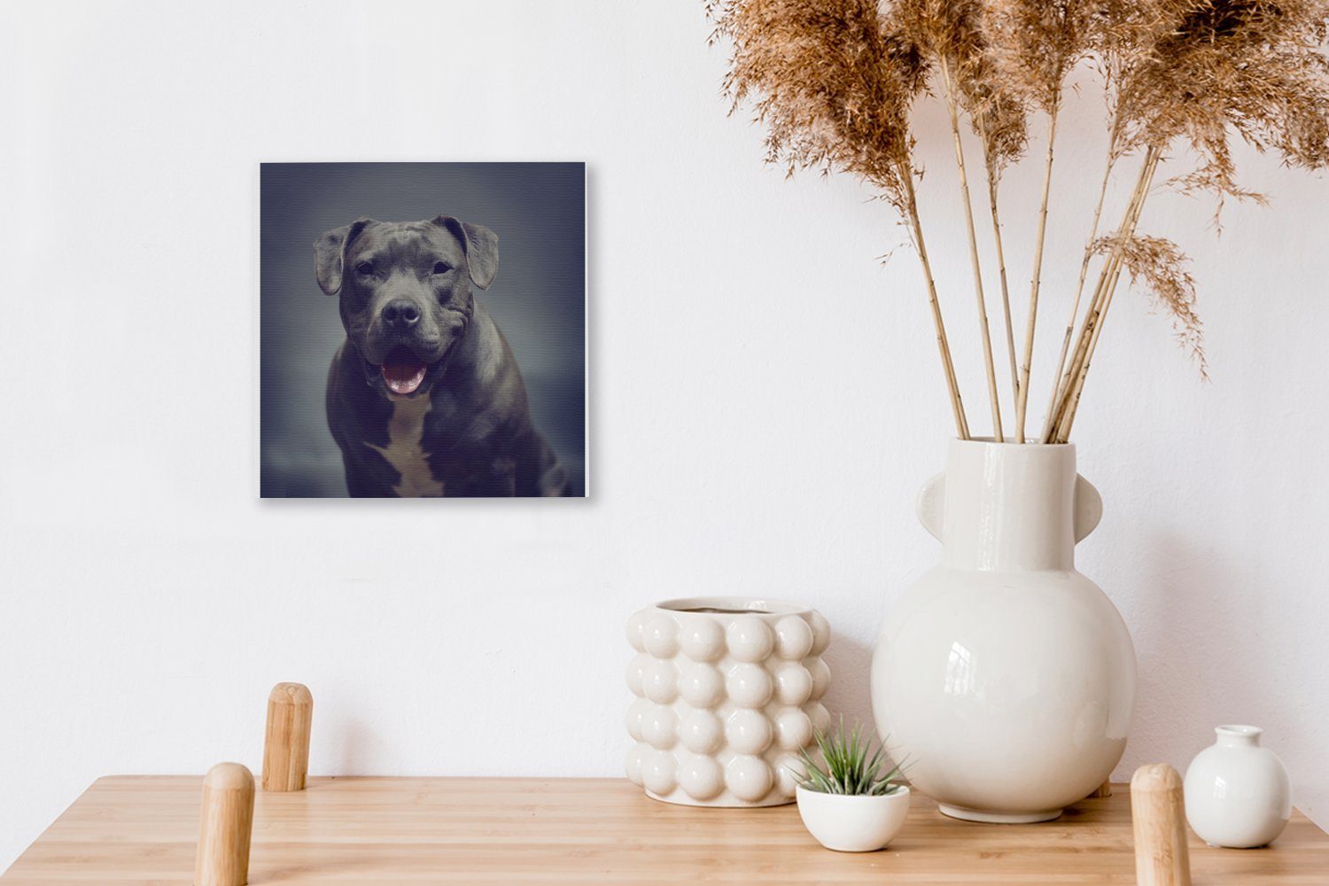 Leinwandbild Wohnzimmer (1 Staffordshire Leinwand American lächelt in Bilder OneMillionCanvasses® Terrier für die Grauer St), Kamera, Schlafzimmer