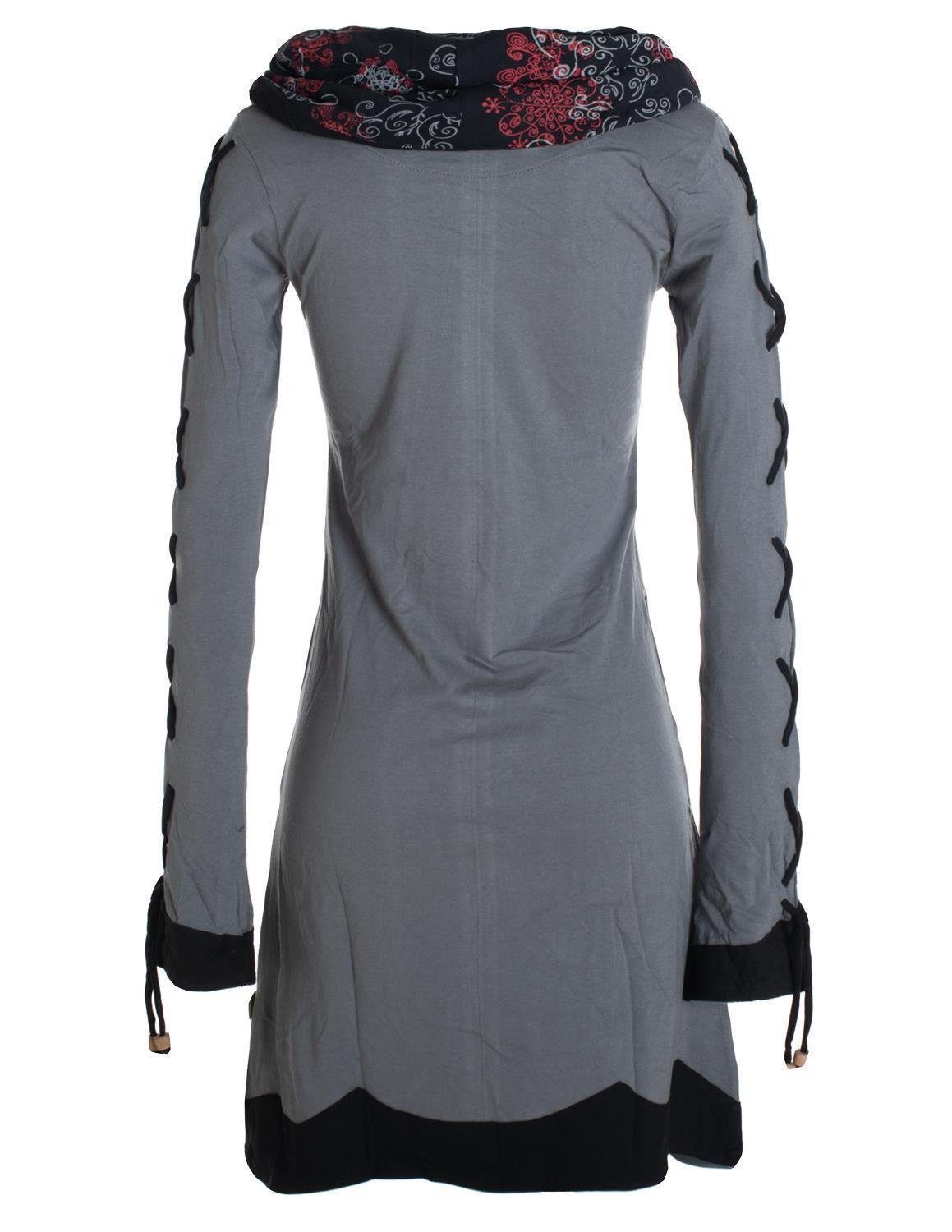 Elfen Boho, Schalkragen Jerseykleid Hippie, Style mit grau Vishes Blumenkleid Langarm-Shirtkleid