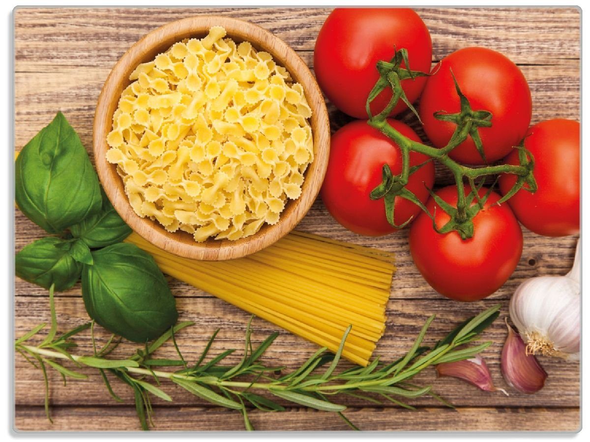 Wallario Schneidebrett Spaghetti mit Tomaten, Knoblauch und Basilikum, ESG-Sicherheitsglas, (inkl. rutschfester Gummifüße 4mm, 1-St), 30x40cm