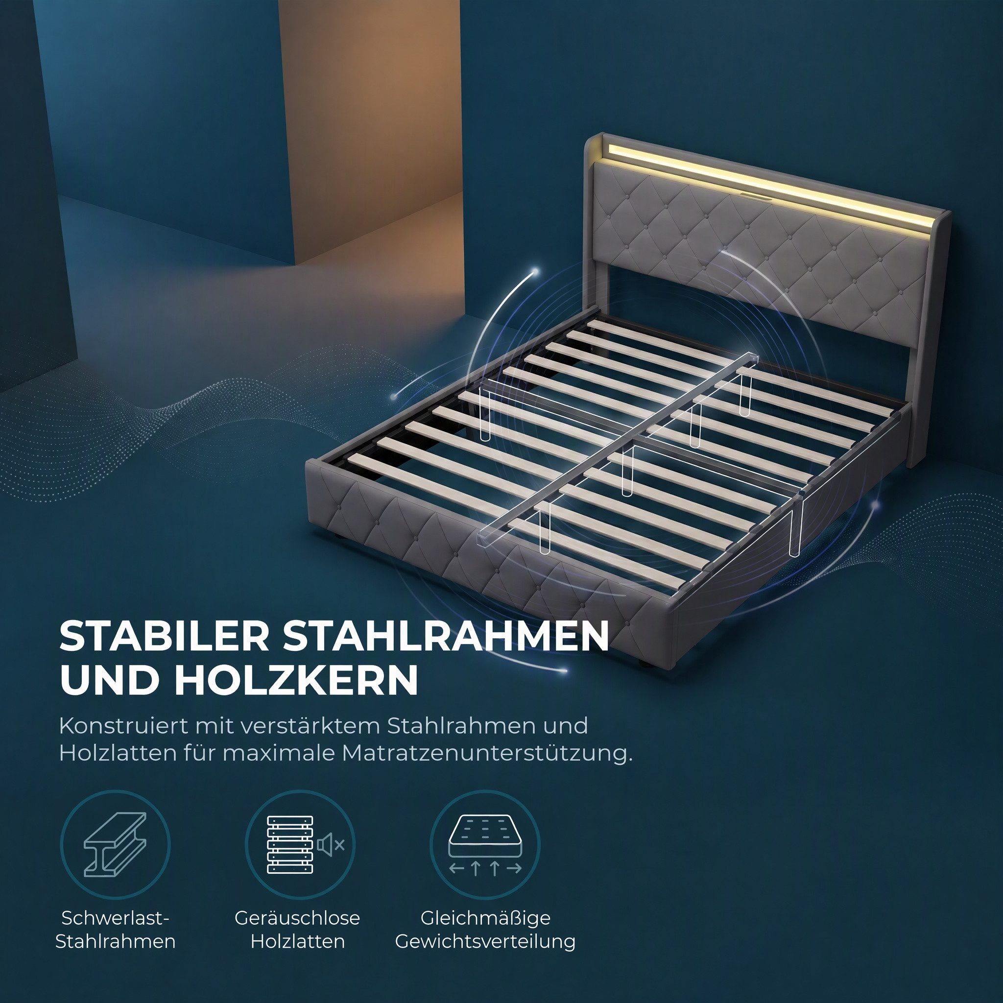 Simurq Polsterbett Doppelbett und 4 Schubladen,LED Bett mit Ladefunktion (Packung, 1-tlg., Bettgestell mit Lattenrost,Bett mit Stauraum), Stauraumbett 140x200,G – Bild 5 von 5