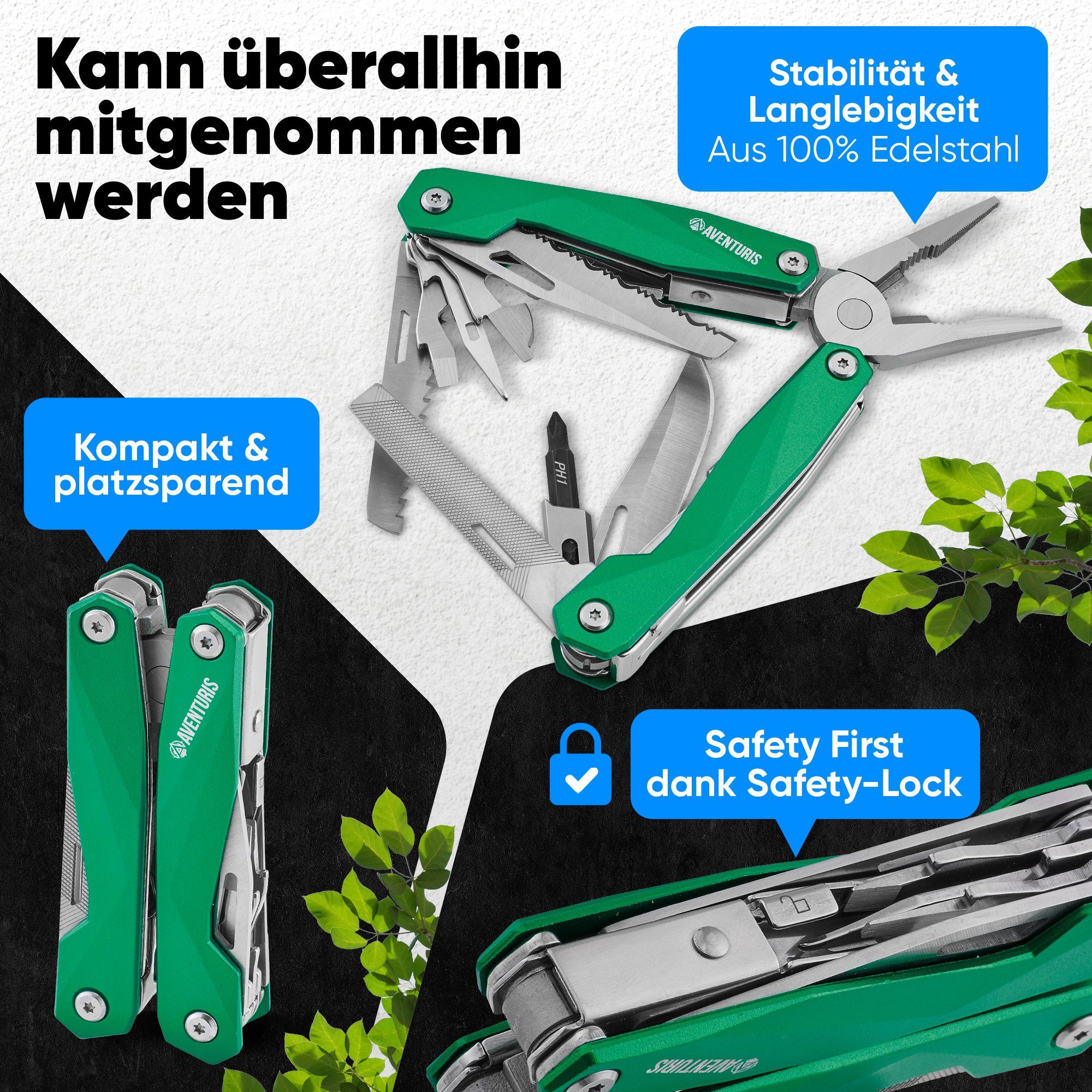 AVENTURIS Multitool T21 aus Edelstahl mit 21 Funktionen! Perfekt fürs Wandern und Campen, Edelstahl