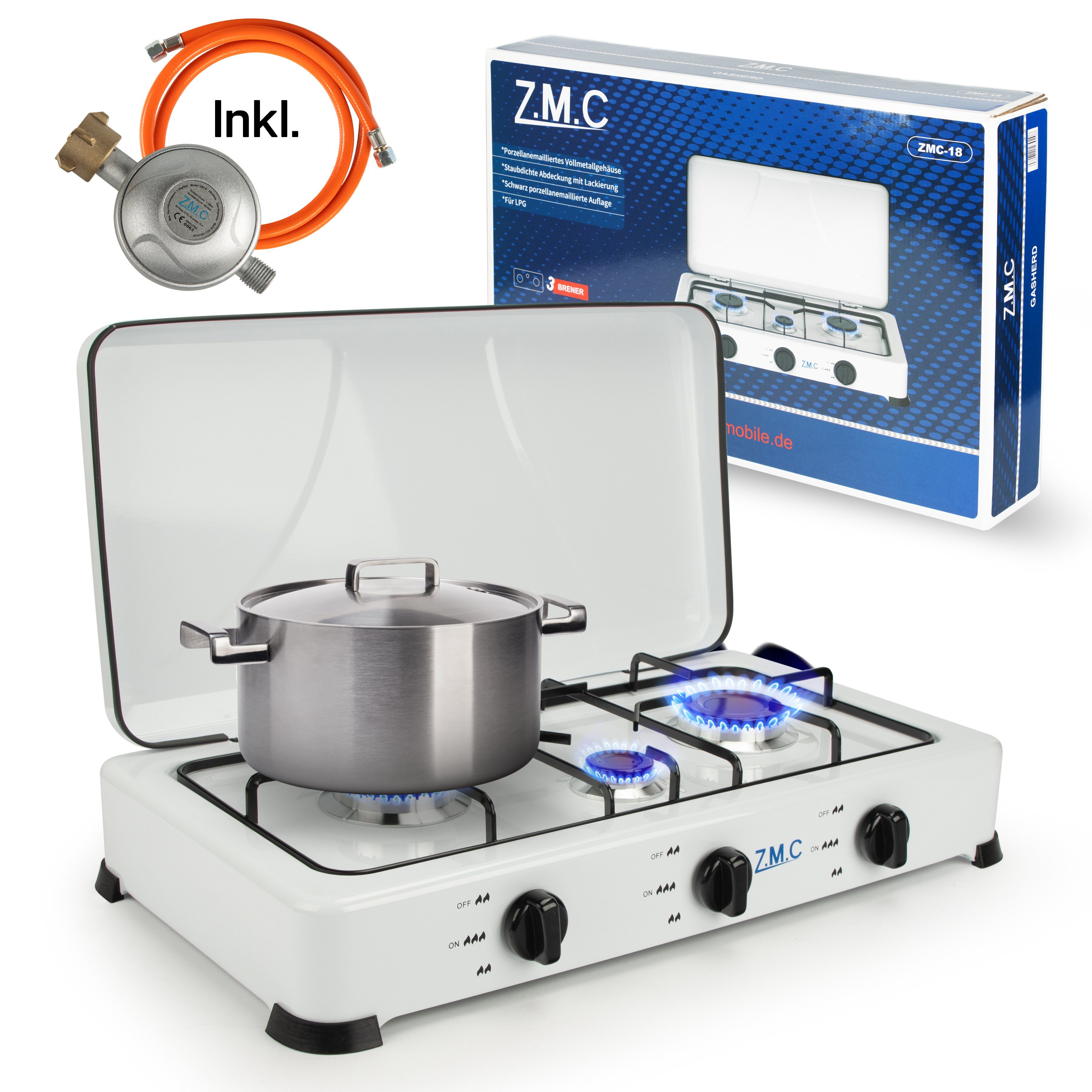 ZMC Gaskocher Tragbarer Gaskocher Campingkocher 3-flammig inkl. Schlauch und Regler, (Gaskocher für Outdoor und indoor), 5,4 kW 50 mBar Outdoor Gasherd Kochfeld Herd Propangas Tischkocher