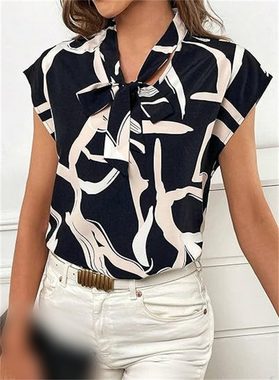 AFAZ New Trading UG Blusentop Bedrucktes Freizeithemd mit Schleife, V-Ausschnitt und kurzen Ärmeln Entworfene Hemden, die Charme und Temperament hervorheben
