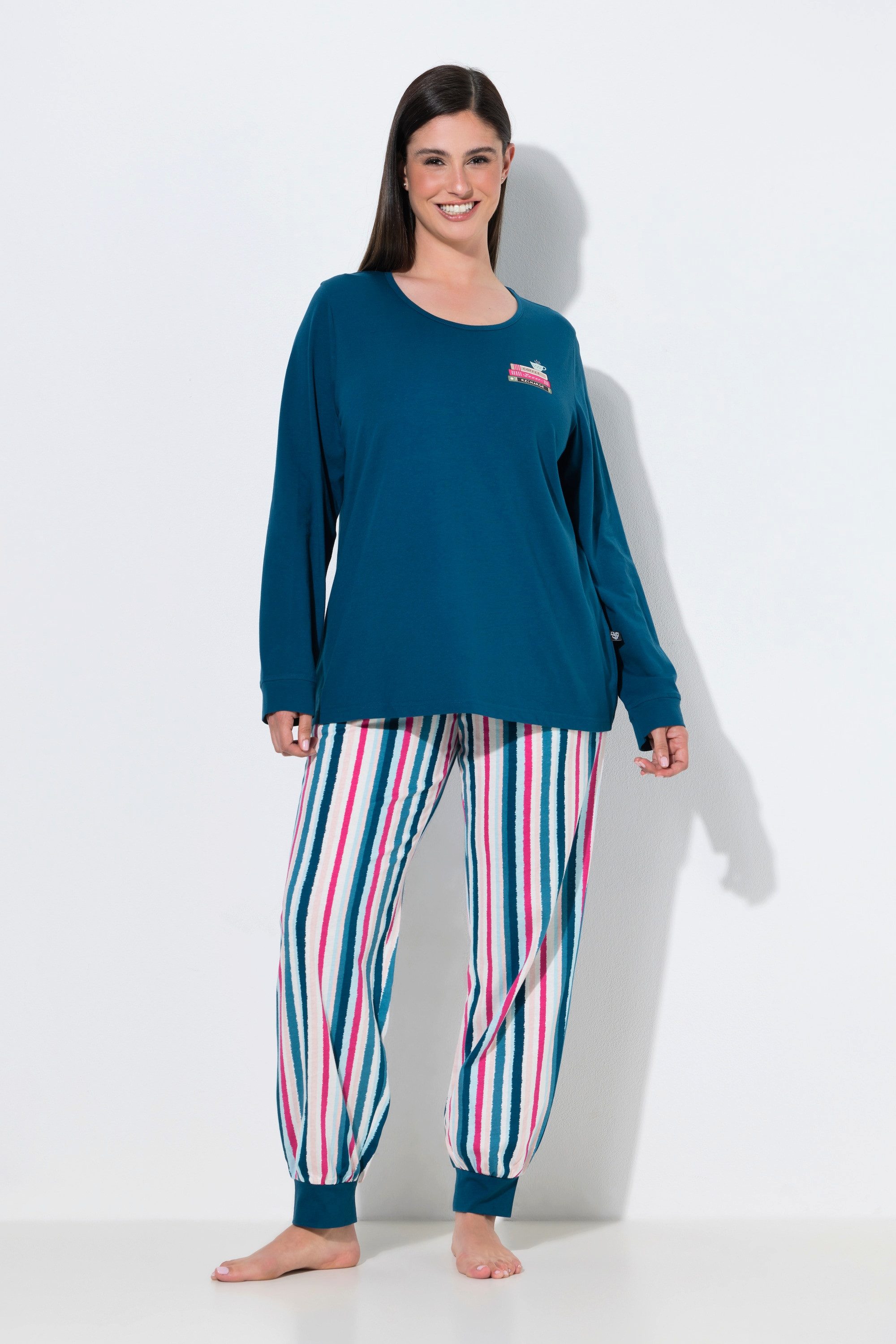 Ulla Popken Pyjama Pyjama Buch/Streifen Rundhalsausschnitt Langarm