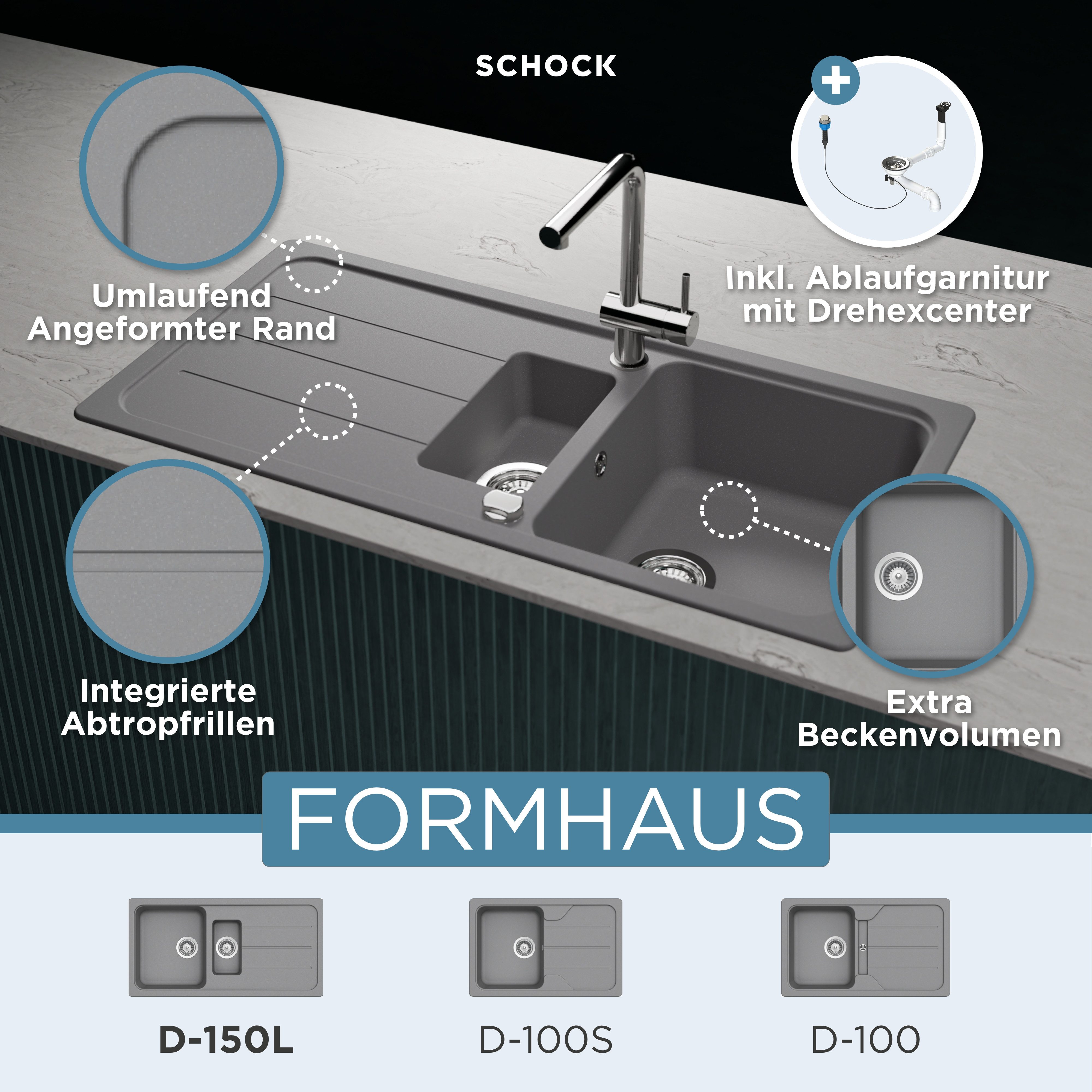 Schock Granitspüle Formhaus, rechteckig, 100/50 cm, mit Restebecken