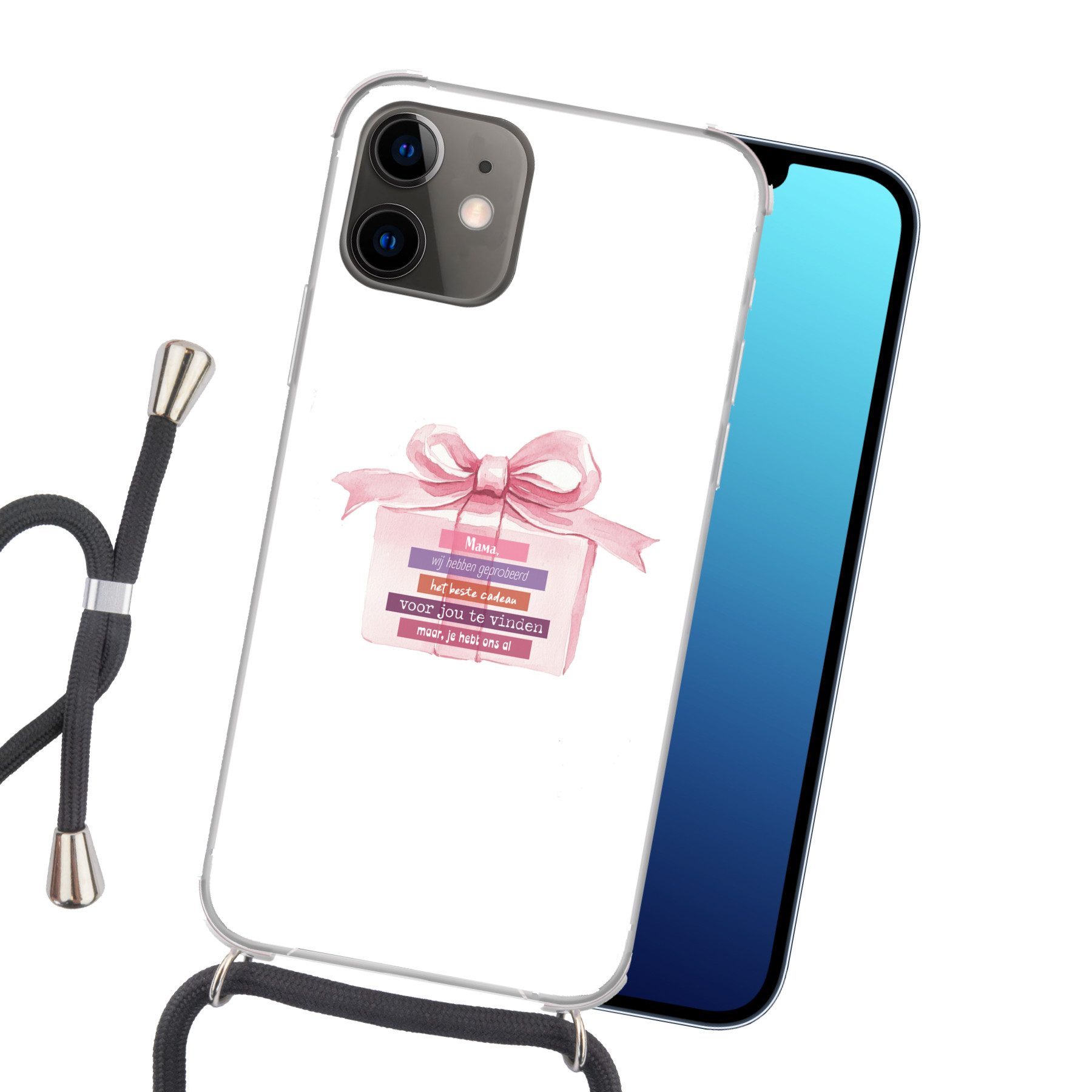 MuchoWow Handyhülle für Apple iPhone 12 Geschenk - Schleife - Text - Rosa, Tragbare Handyhüllen mit Kette zum umhängen, Handykette Handyband