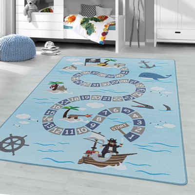 Kinderteppich, Homtex, 80 x 120 cm, Kinderteppich Spielteppich Hüpfkästchen Meer, Seemann Piraten, Schiff