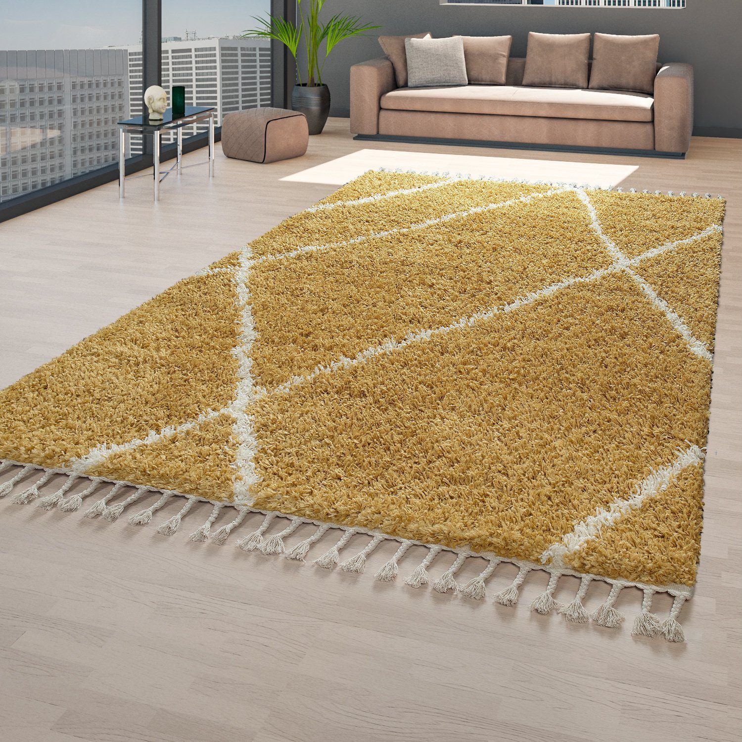 Hochflor-Teppich Shaggy Teppich Gelb Wohnzimmer mm Rauten, Höhe: TT 44 Hochflor rechteckig, Home