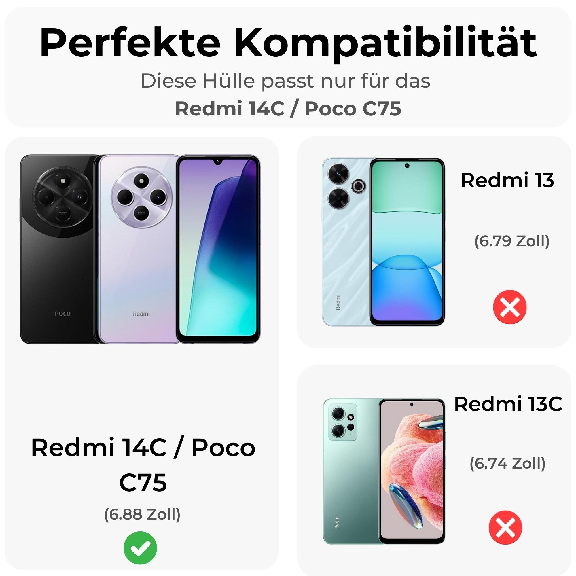 betterfon Handyhülle Handytasche für Xiaomi Redmi 14C / Poco C75 Klapphülle Wallet Case, Wallet Case mit Kartenfächern Magnetverschluss und weicher Innenhülle